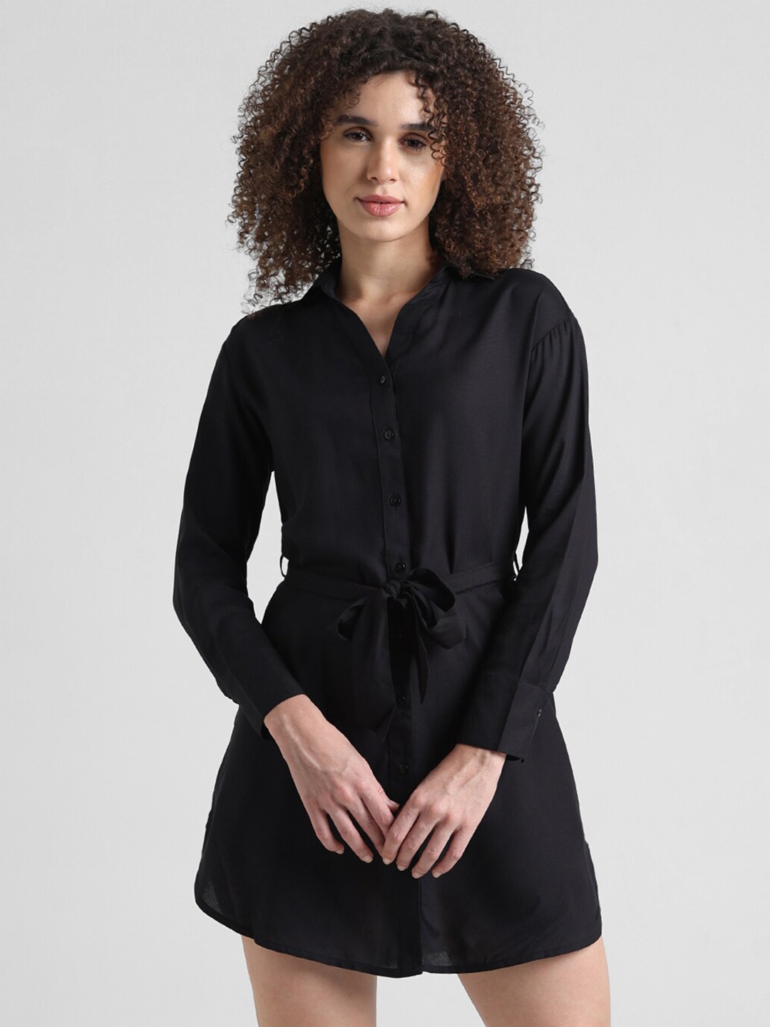 

ONLY Cuffed Sleeves Belted Mini Shirt Dress, Black