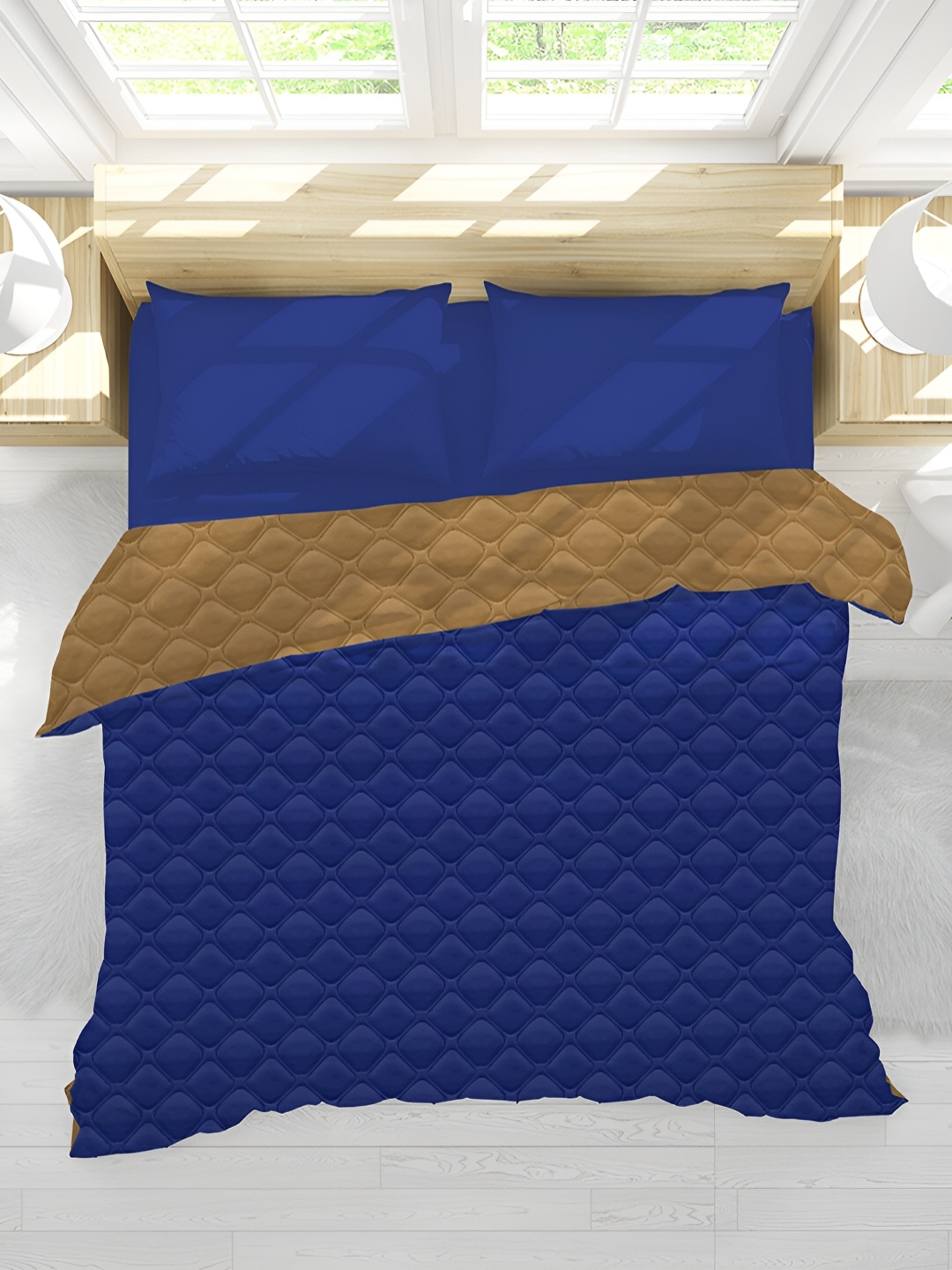 

Sassoon Navy Blue & Brown Geometric Mild Winter 150 GSM Double Bed Reversible Quilt