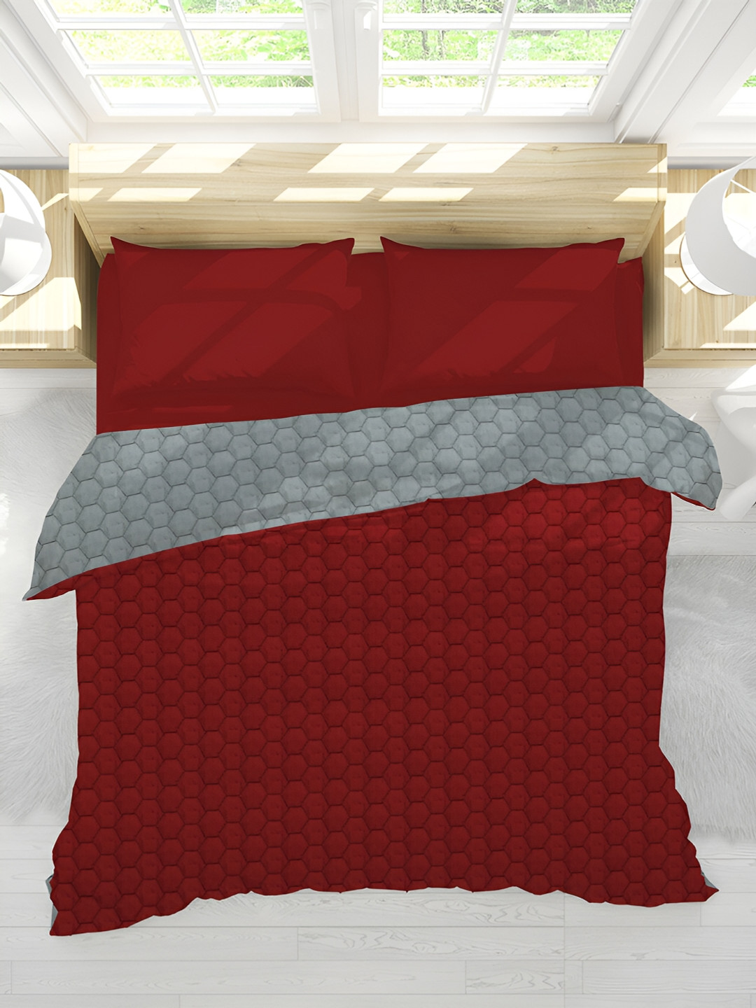 

Sassoon Red & Grey Geometric Mild Winter 150 GSM Double Bed Reversible Quilt