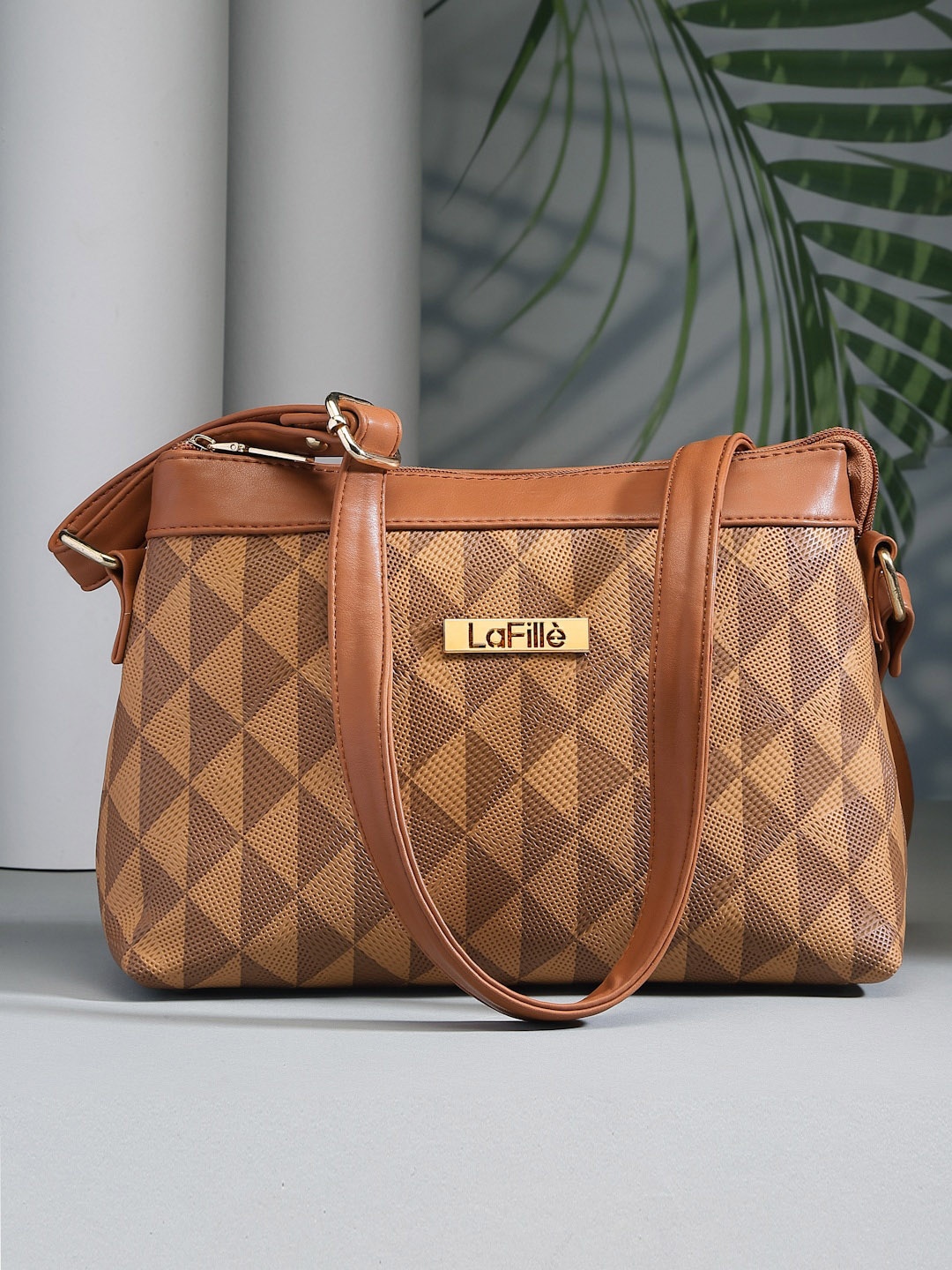 

LaFille Geometric Printed Structured Sling Bag, Tan