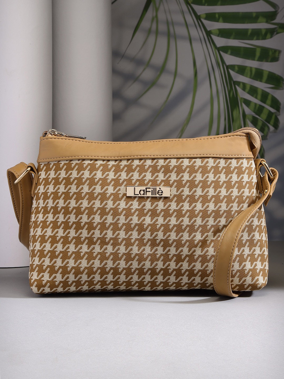 

LaFille Geometric Printed Structured Sling Bag, Beige