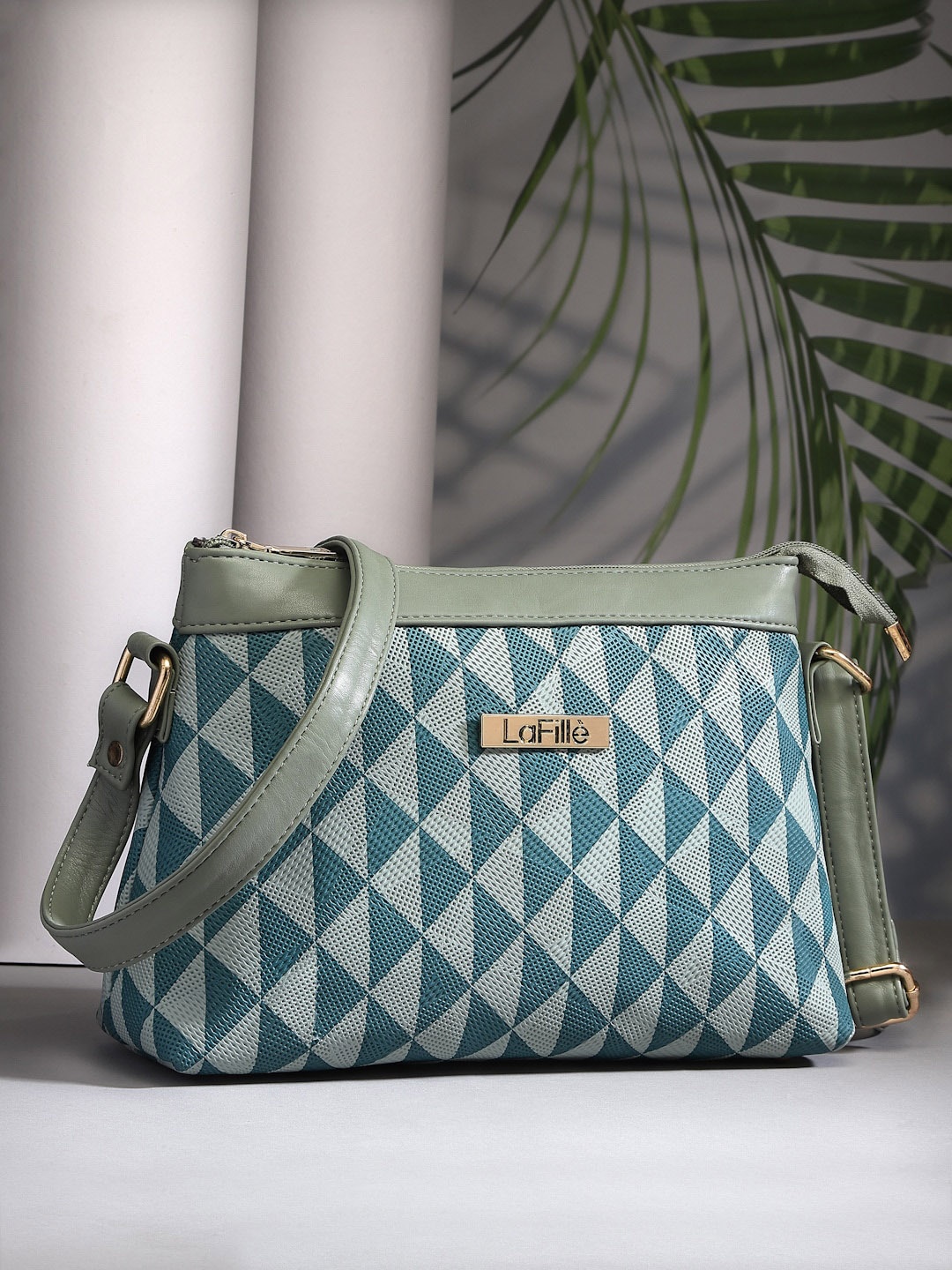

LaFille Geometric Printed Structured Sling Bag, Blue