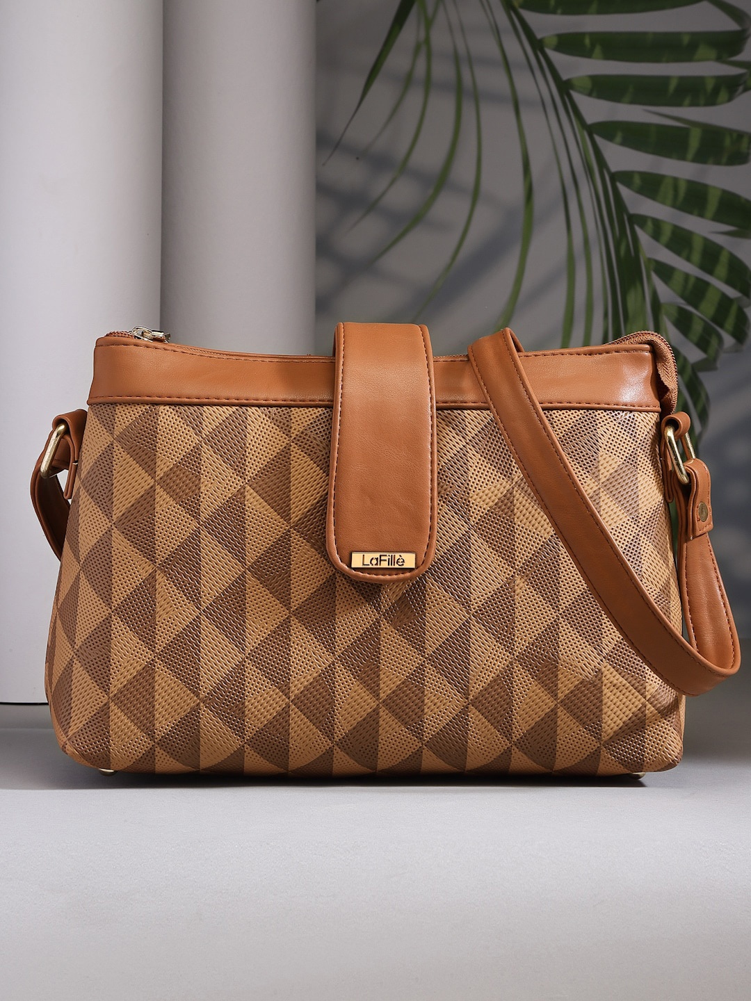 

LaFille Geometric Printed Sling Bag, Tan