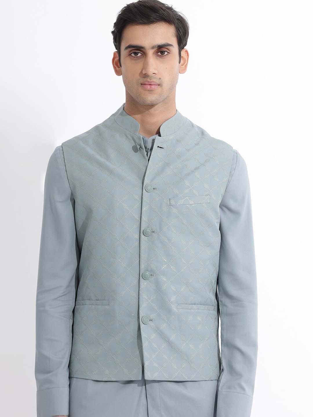 

RARE RABBIT Woven Design Nehru Jacket, Green