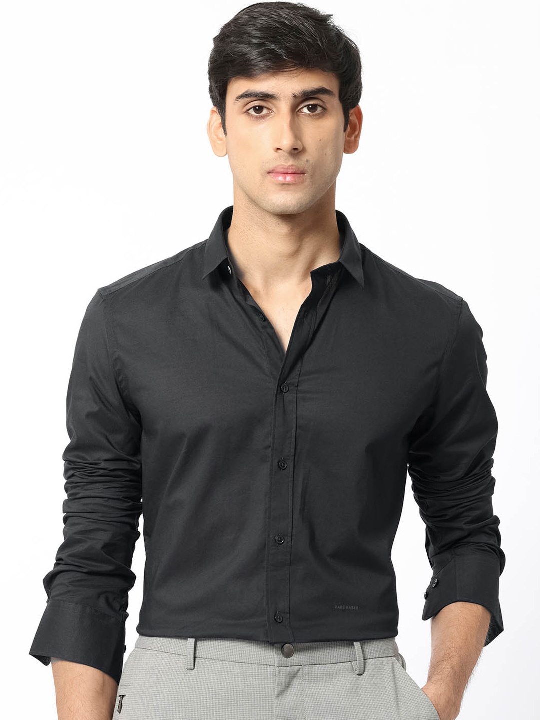 

RARE RABBIT Men Flees Slim Fit Spread Collar Cotton Shirt, Black