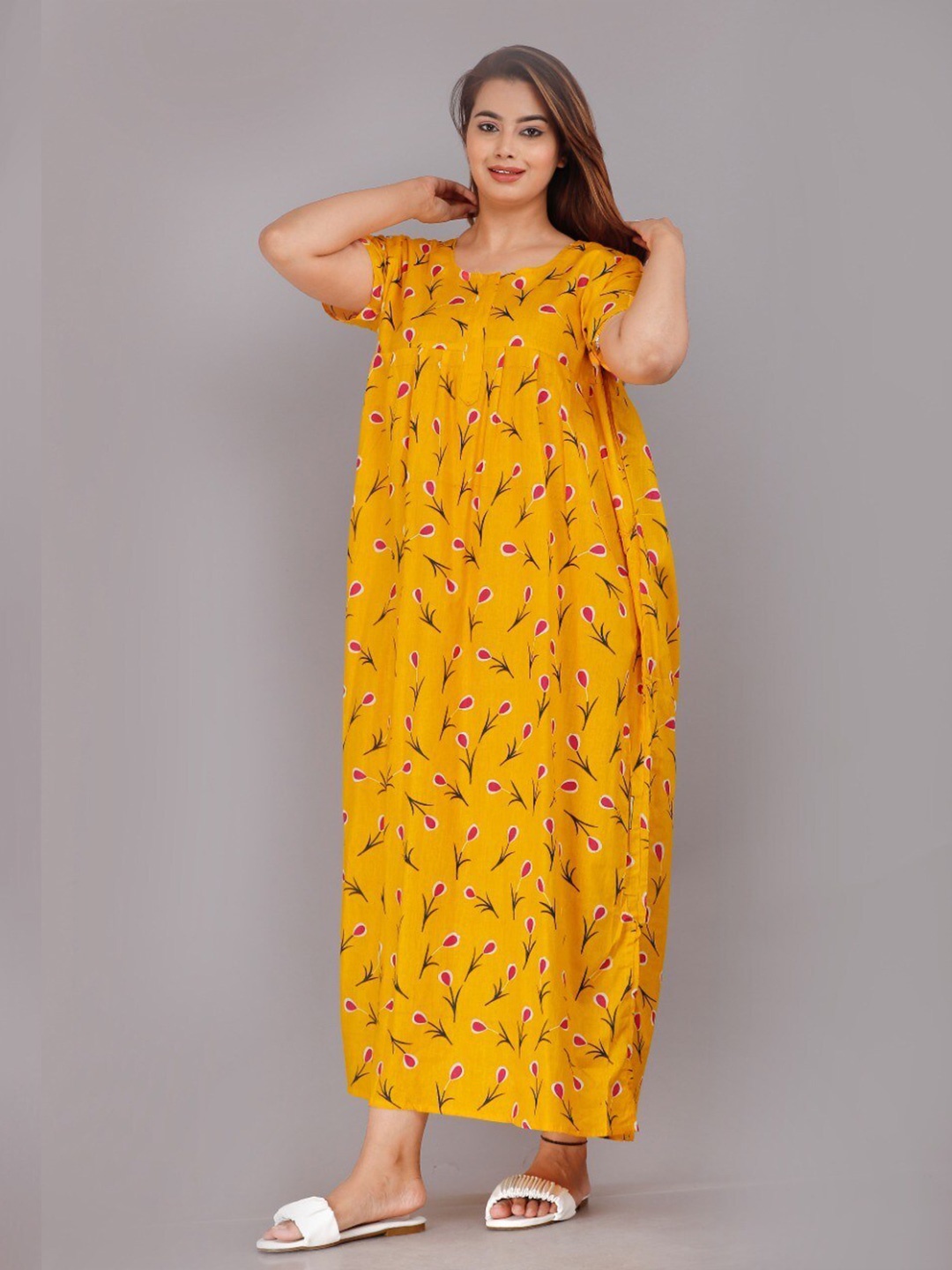 

JVSP FASHION Floral Printed Cotton Maxi Nightdress, Yellow