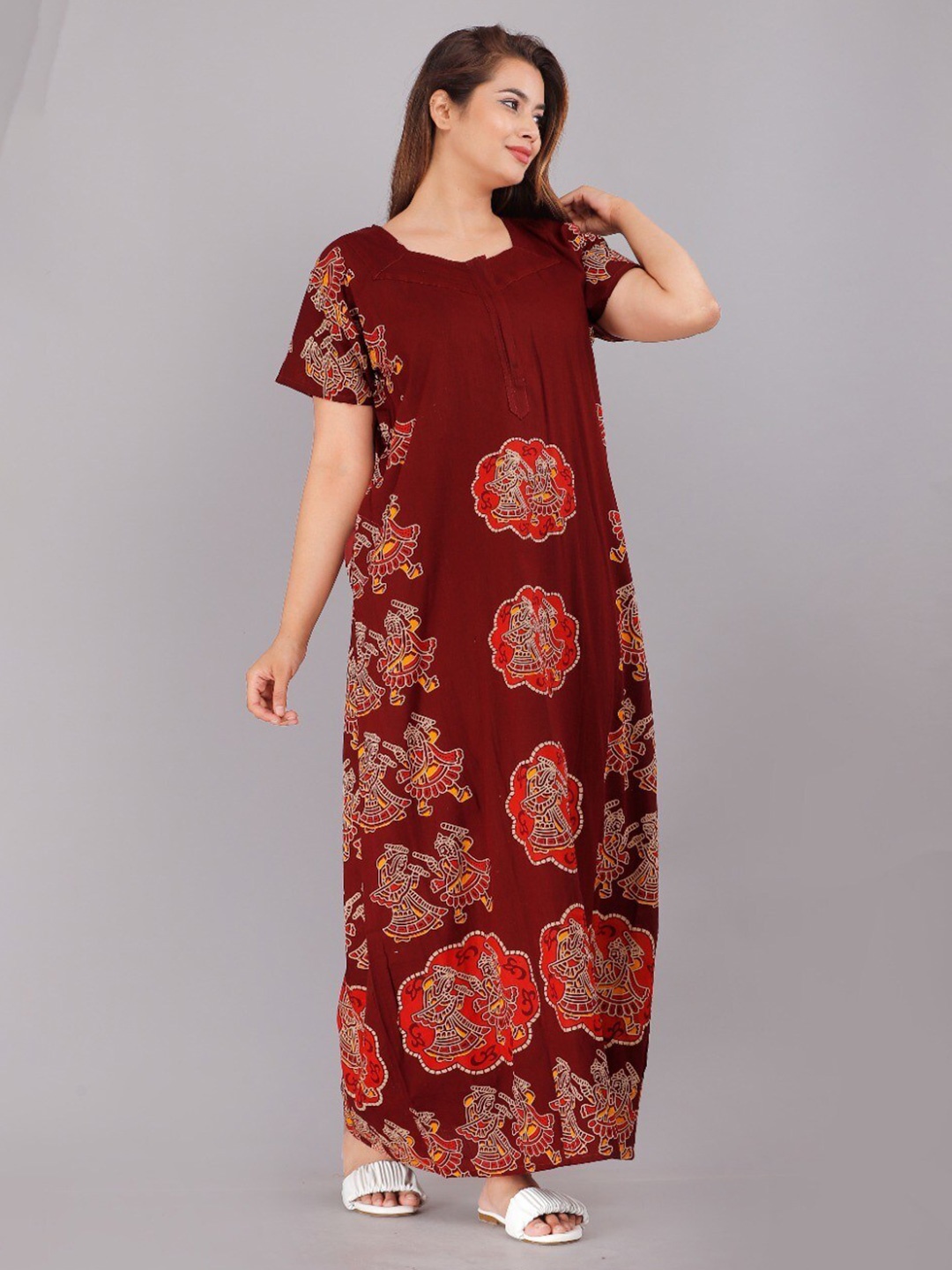

JVSP FASHION Maroon Printed Cotton Maxi Nightdress