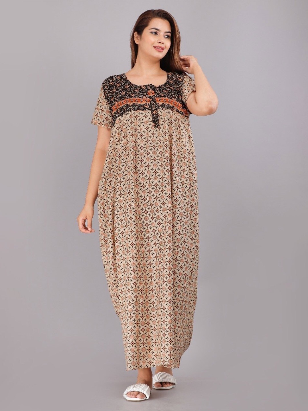 

JVSP FASHION Ethnic Motifs Printed Maxi Nightdress, Brown