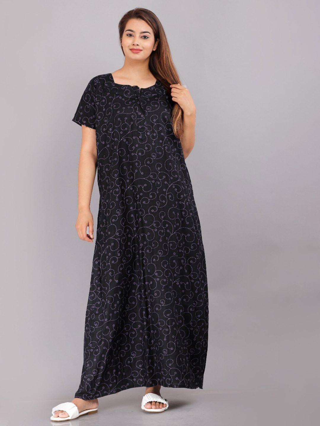 

JVSP FASHION Floral Printed Maxi Nightdress, Black