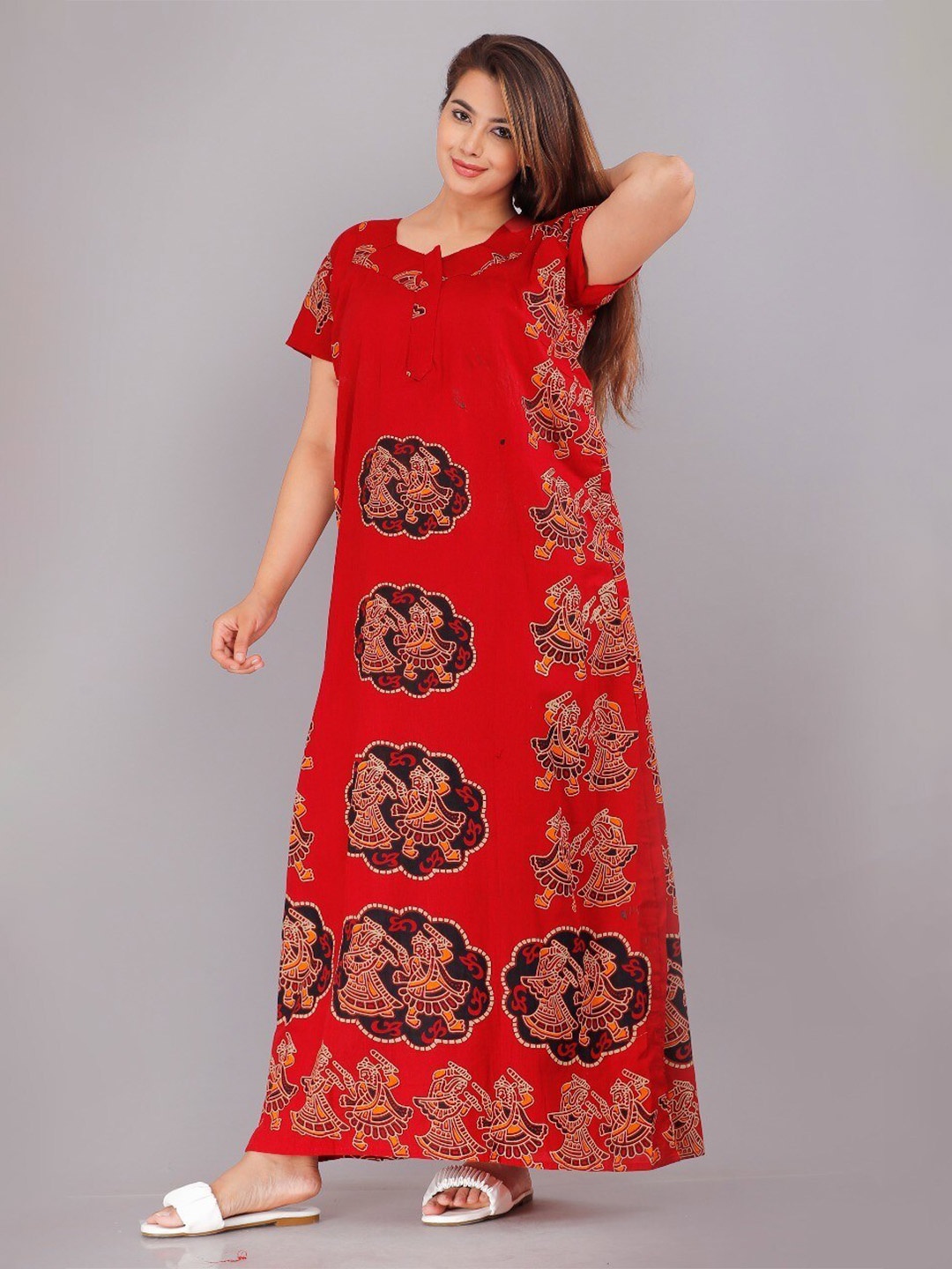 

JVSP FASHION Ethnic Motifs Printed Cotton Maxi Nightdress, Red