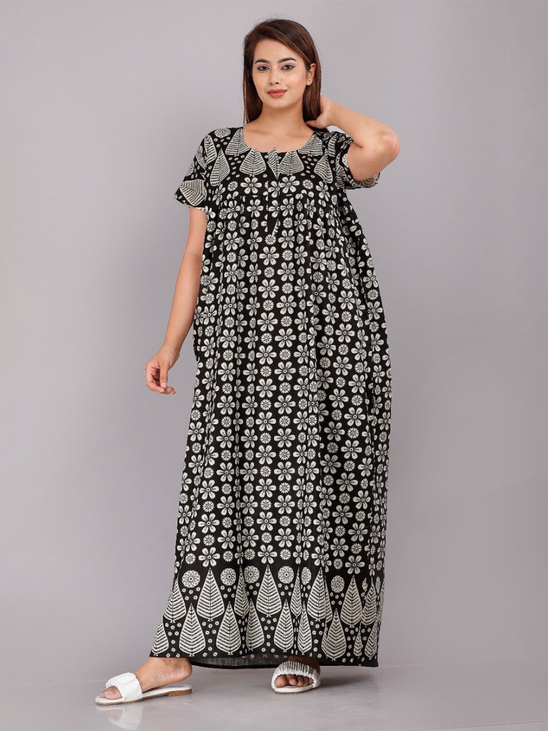 

JVSP FASHION Floral Printed Maxi Nightdress, Black