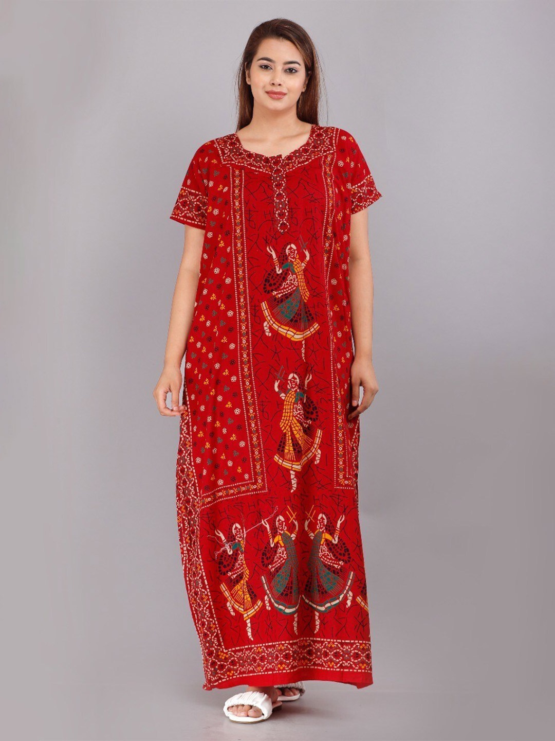 

JVSP FASHION Ethnic Motifs Printed Maxi Nightdress, Red