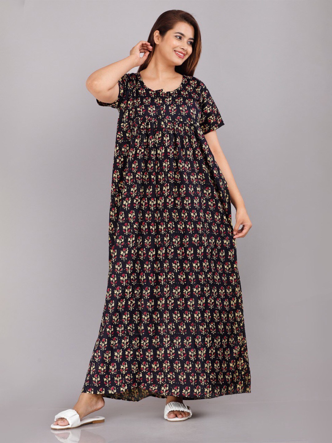 

JVSP FASHION Ethnic Motifs Printed Maxi Nightdress, Black