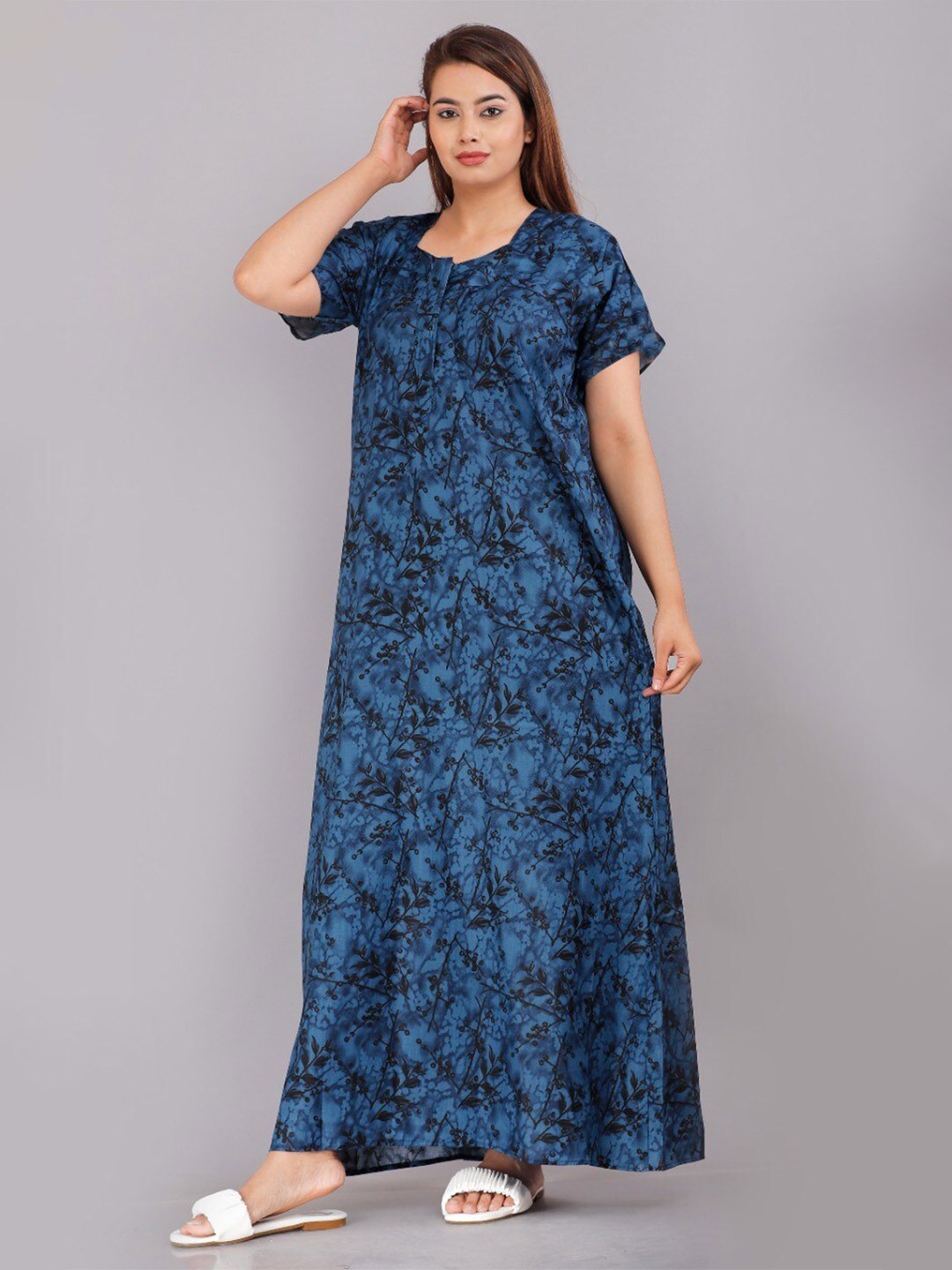 

JVSP FASHION Blue Printed Cotton Maxi Nightdress