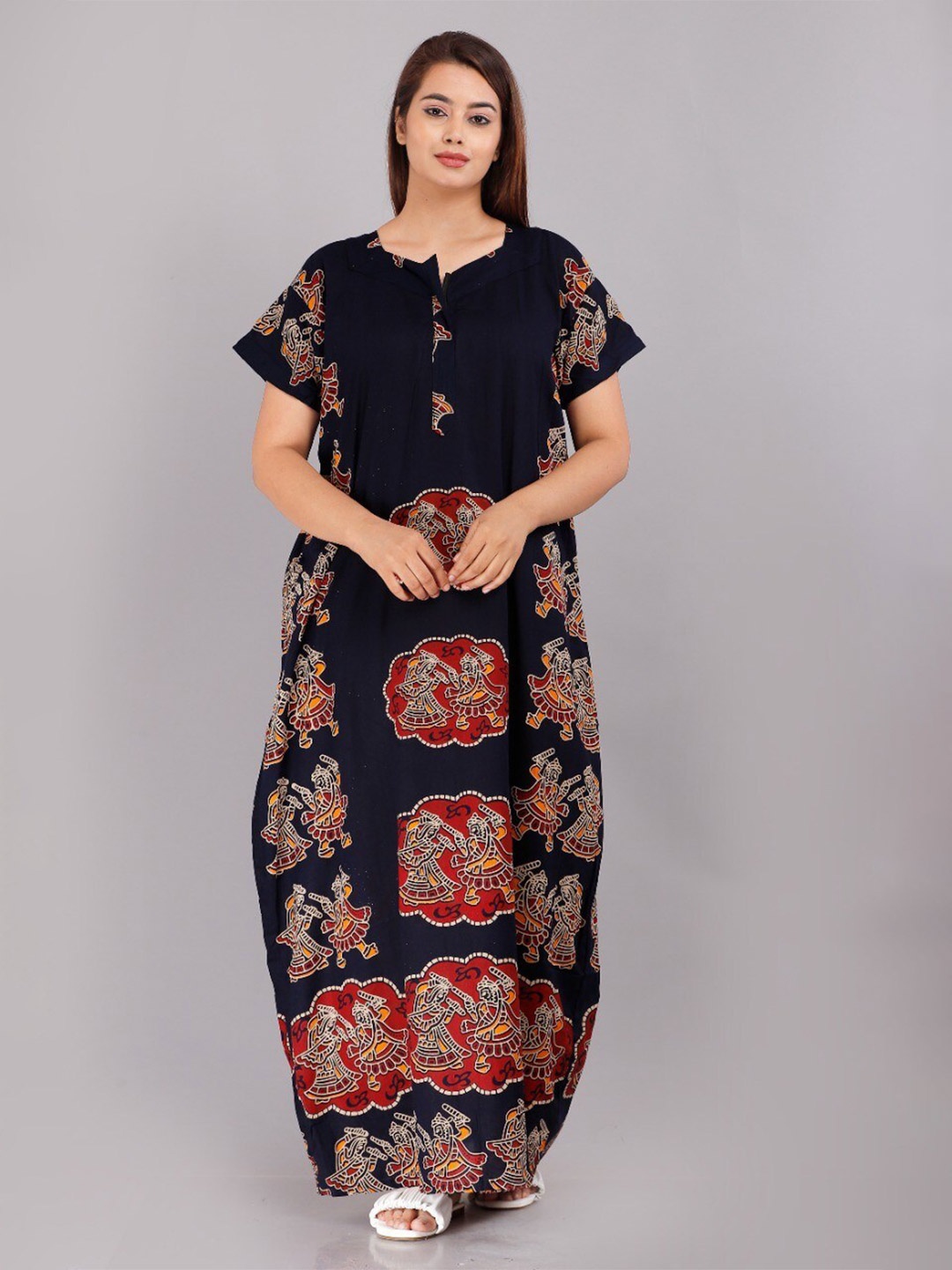 

JVSP FASHION Ethnic Motifs Printed Maxi Nightdress, Blue