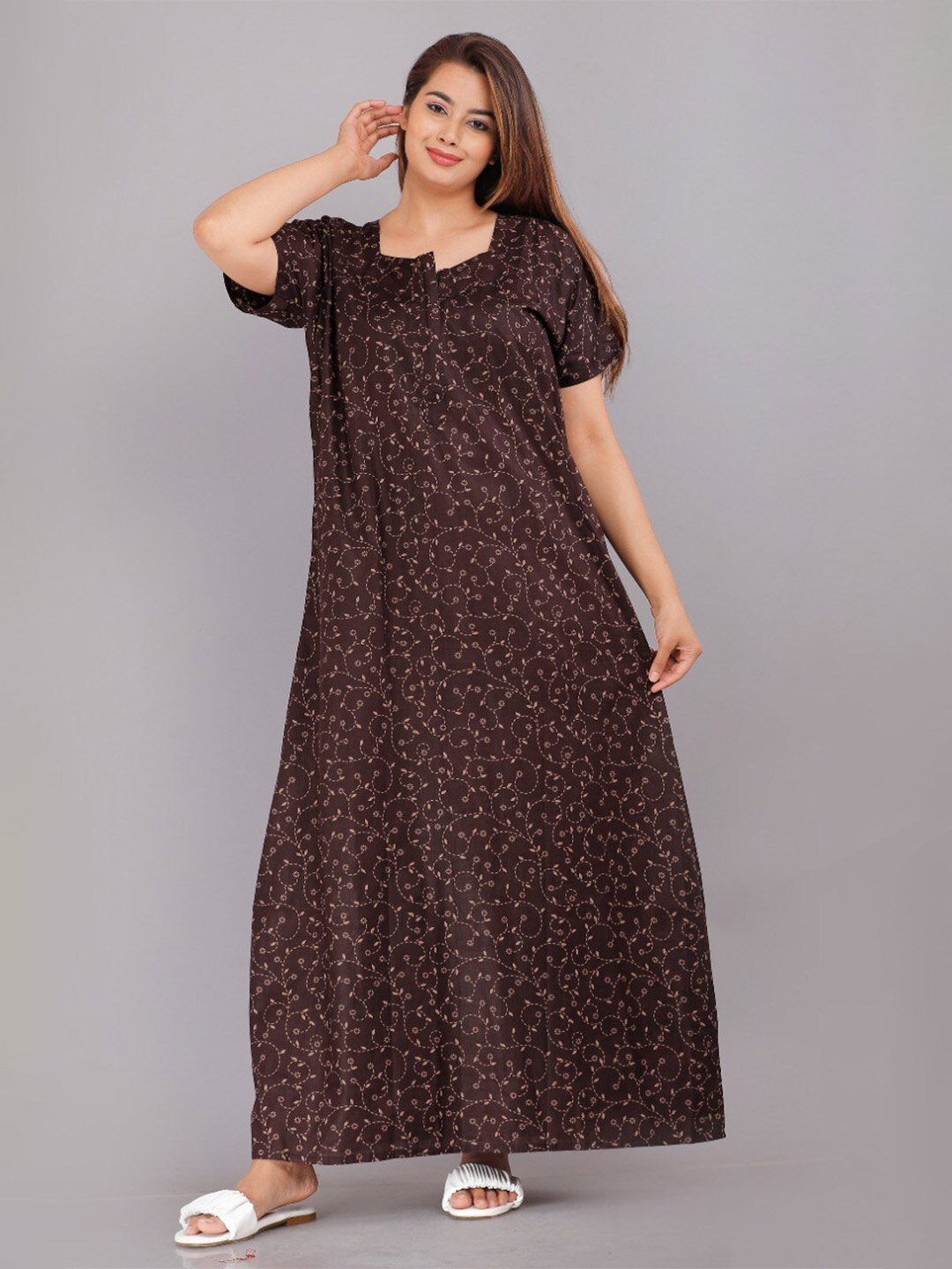 

JVSP FASHION Floral Printed Square Neck Maxi Nightdress, Brown