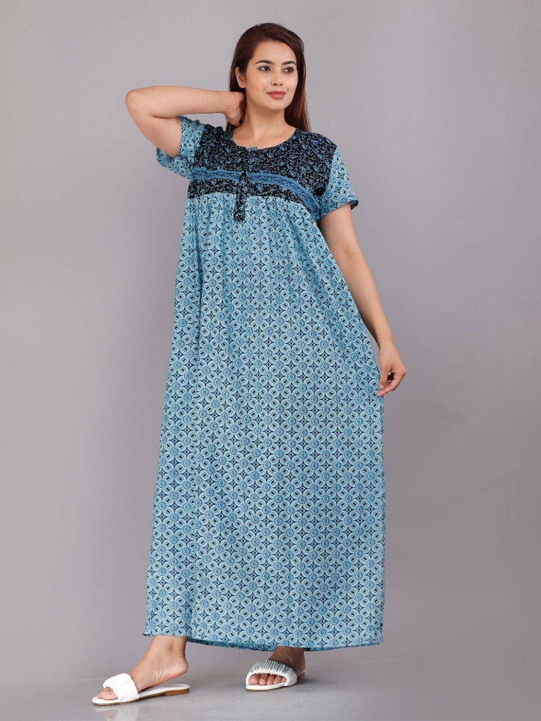 

JVSP FASHION Ethnic Motifs Printed Maxi Nightdress, Blue