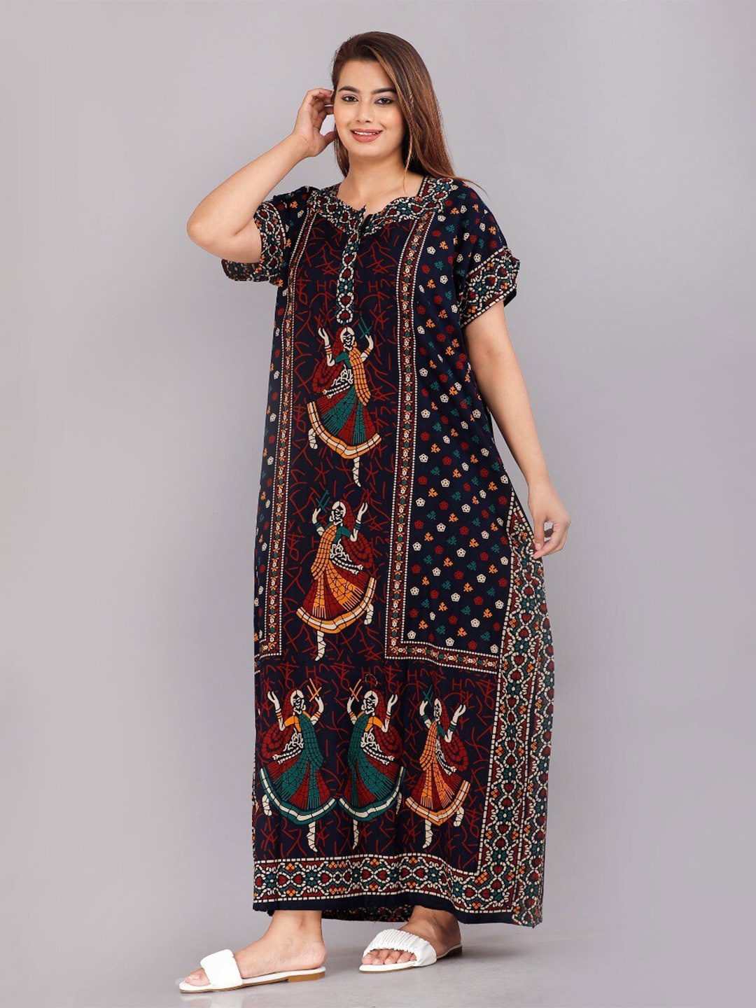 

JVSP FASHION Ethnic Motifs Printed Maxi Nightdress, Blue