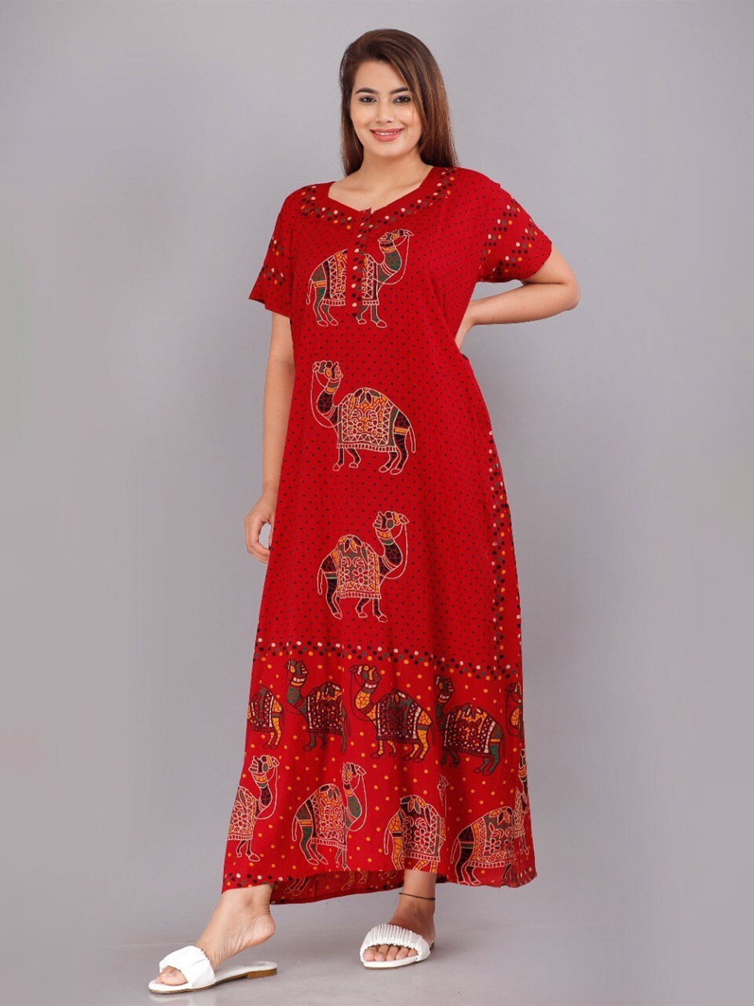 

JVSP FASHION Graphic Printed Square Neck Maxi Nightdress, Red