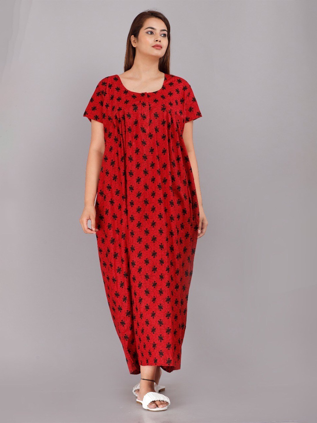 

JVSP FASHION Ethnic Motifs Printed Cotton Maxi Nightdress, Red