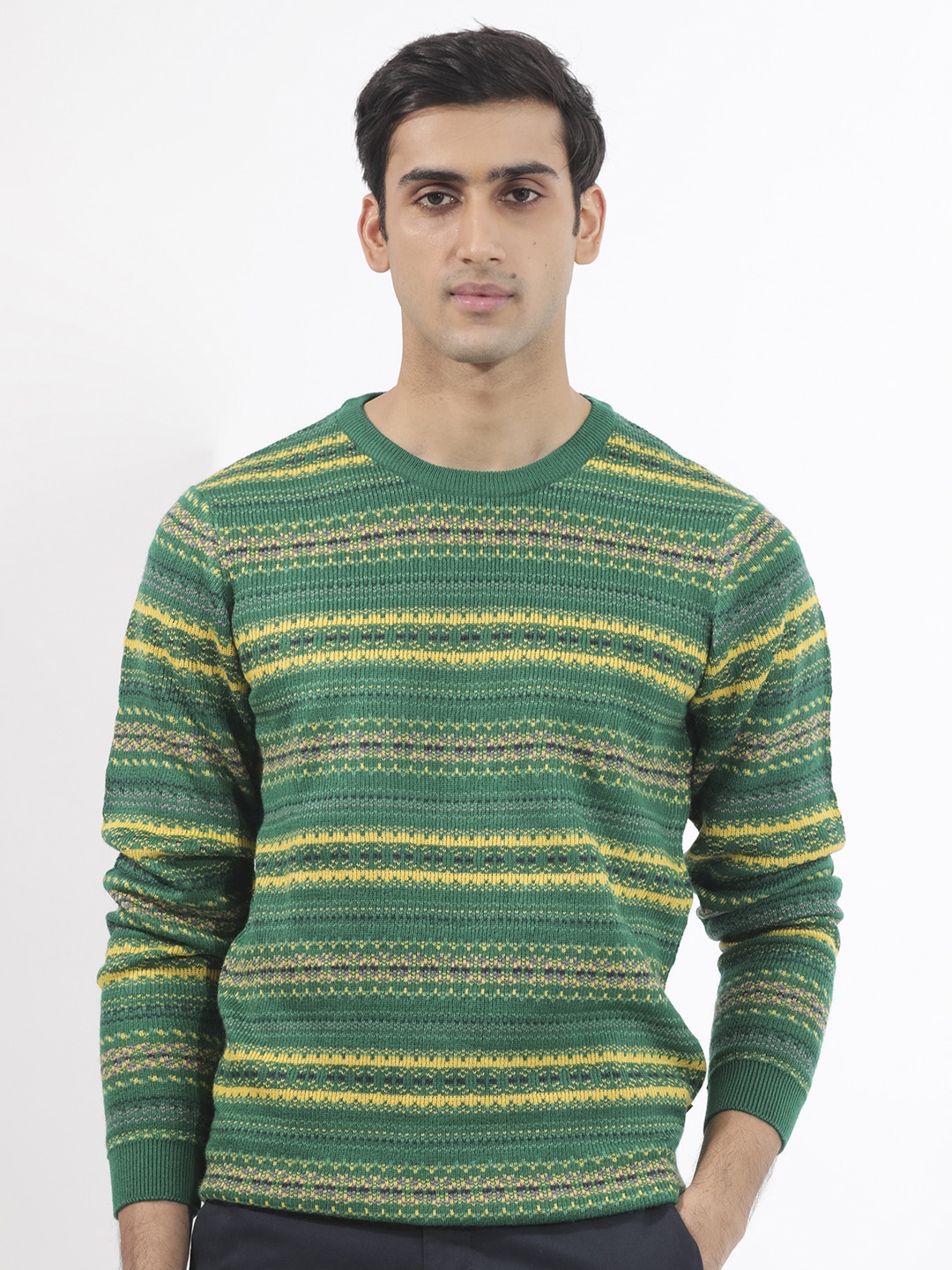 

RARE RABBIT Men Fare Crew Neck Chevron Printed Acrylic Sweater, Navy blue