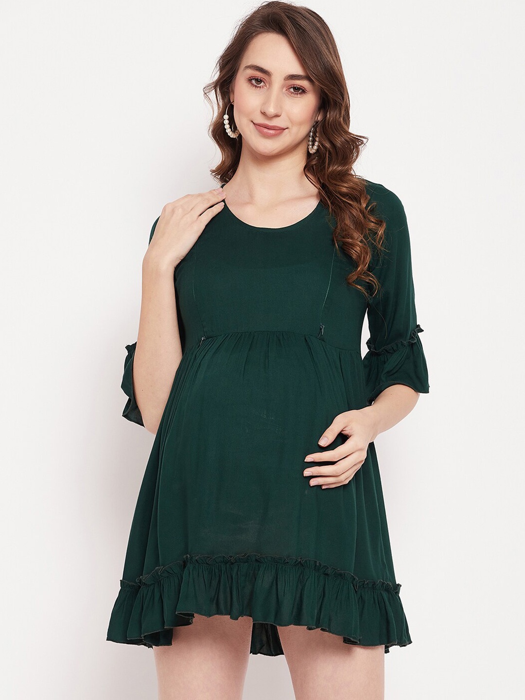 

PURSHOTTAM WALA Bell Sleeve Mini Fit & Flare Maternity Dress, Green