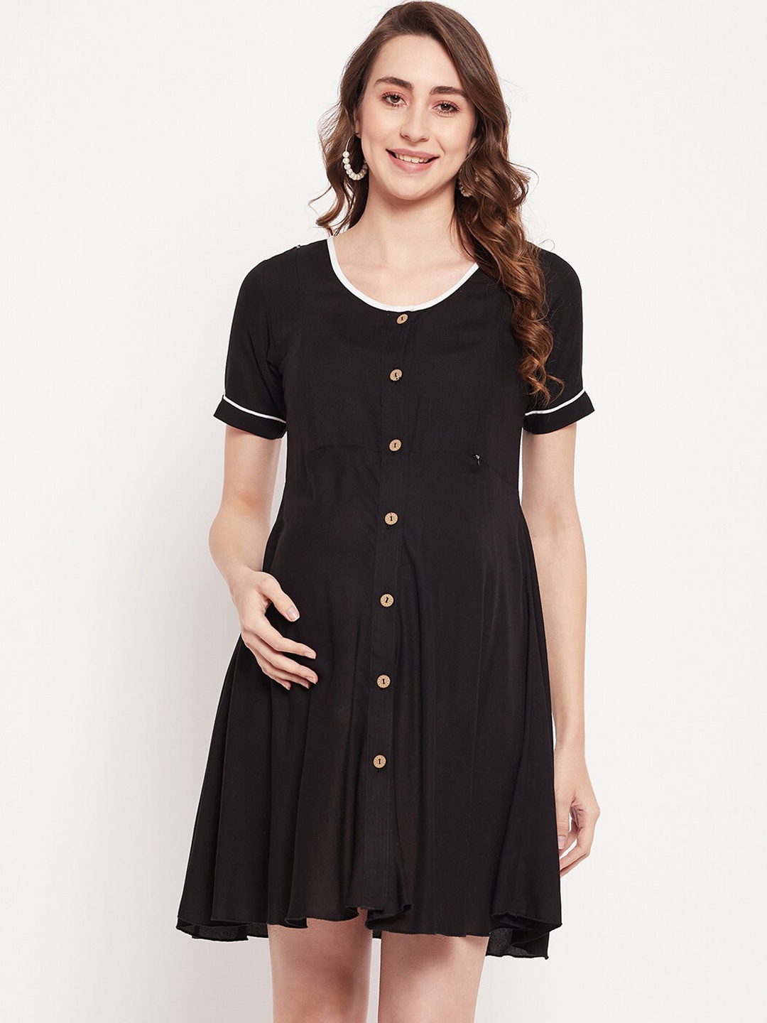 

PURSHOTTAM WALA Round Neck Maternity Fit & Flare Dress, Black