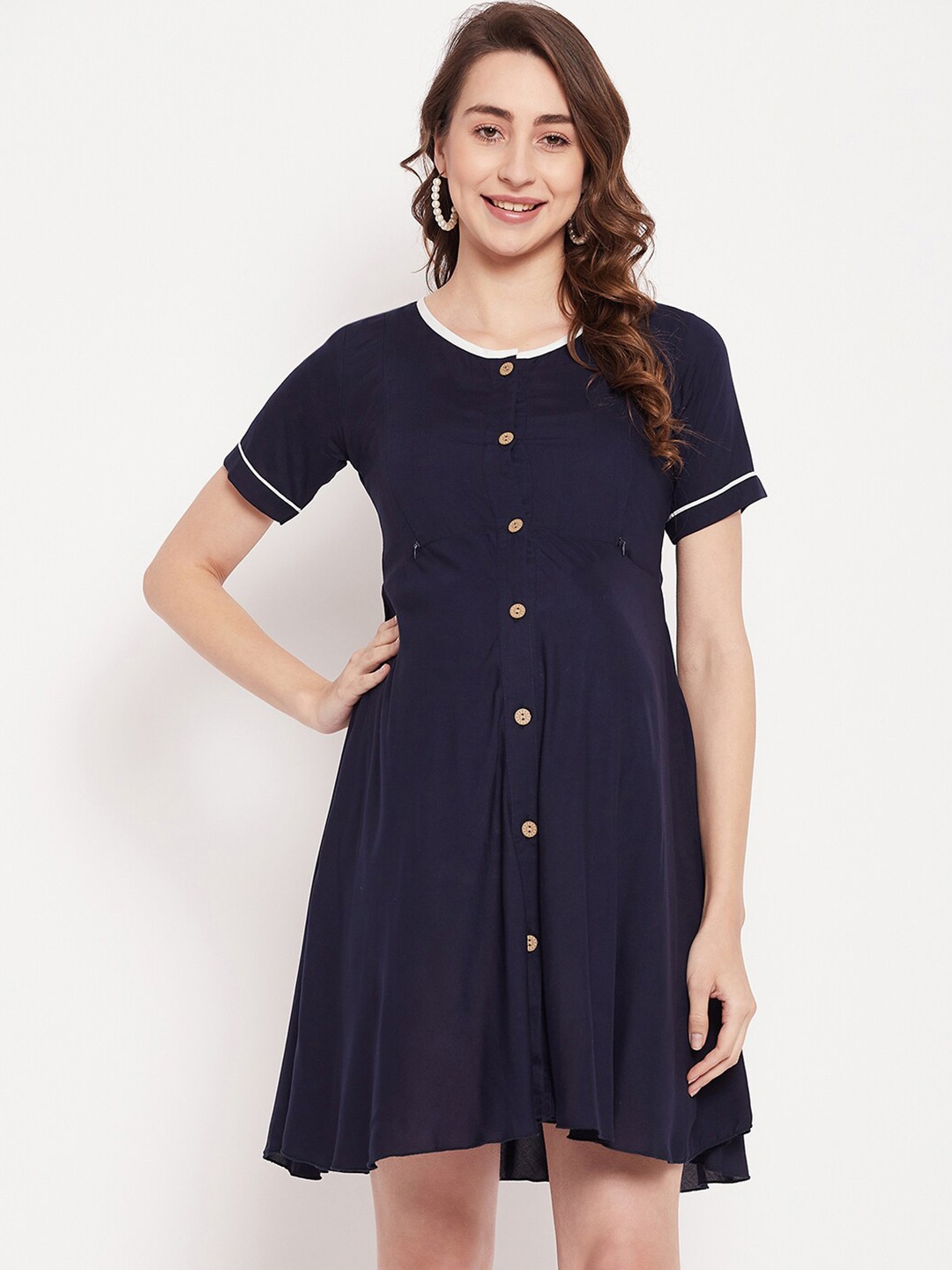 

PURSHOTTAM WALA Round Neck Maternity Fit & Flare Dress, Navy blue