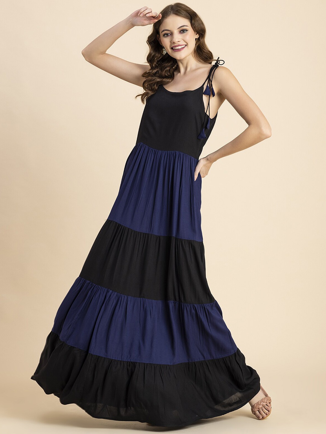 

PURSHOTTAM WALA Colourblocked Shoulder Straps A-Line Dress, Blue