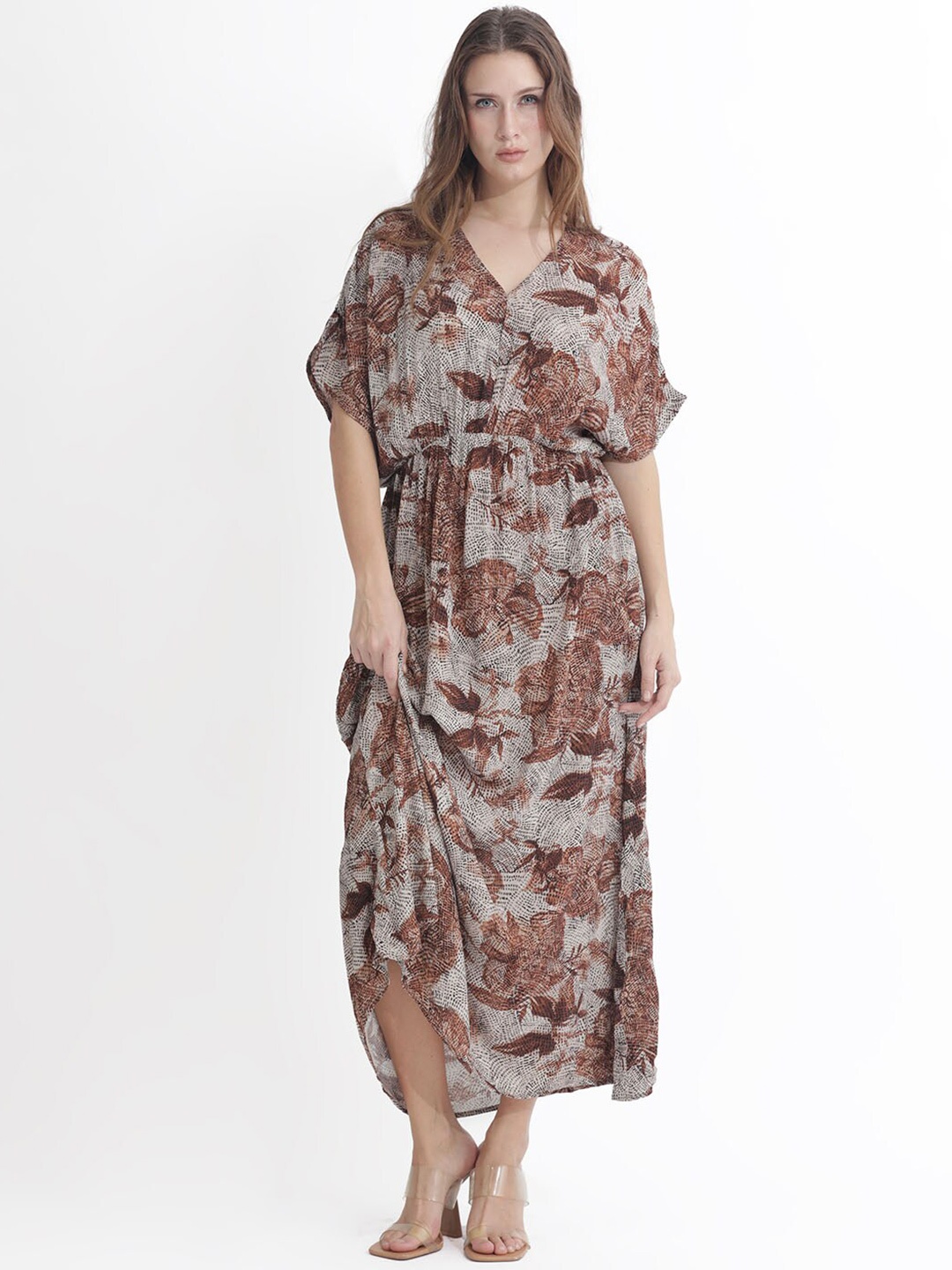 

RAREISM Abstract Printed V-Neck Fit and Flare Maxi Dress, Beige