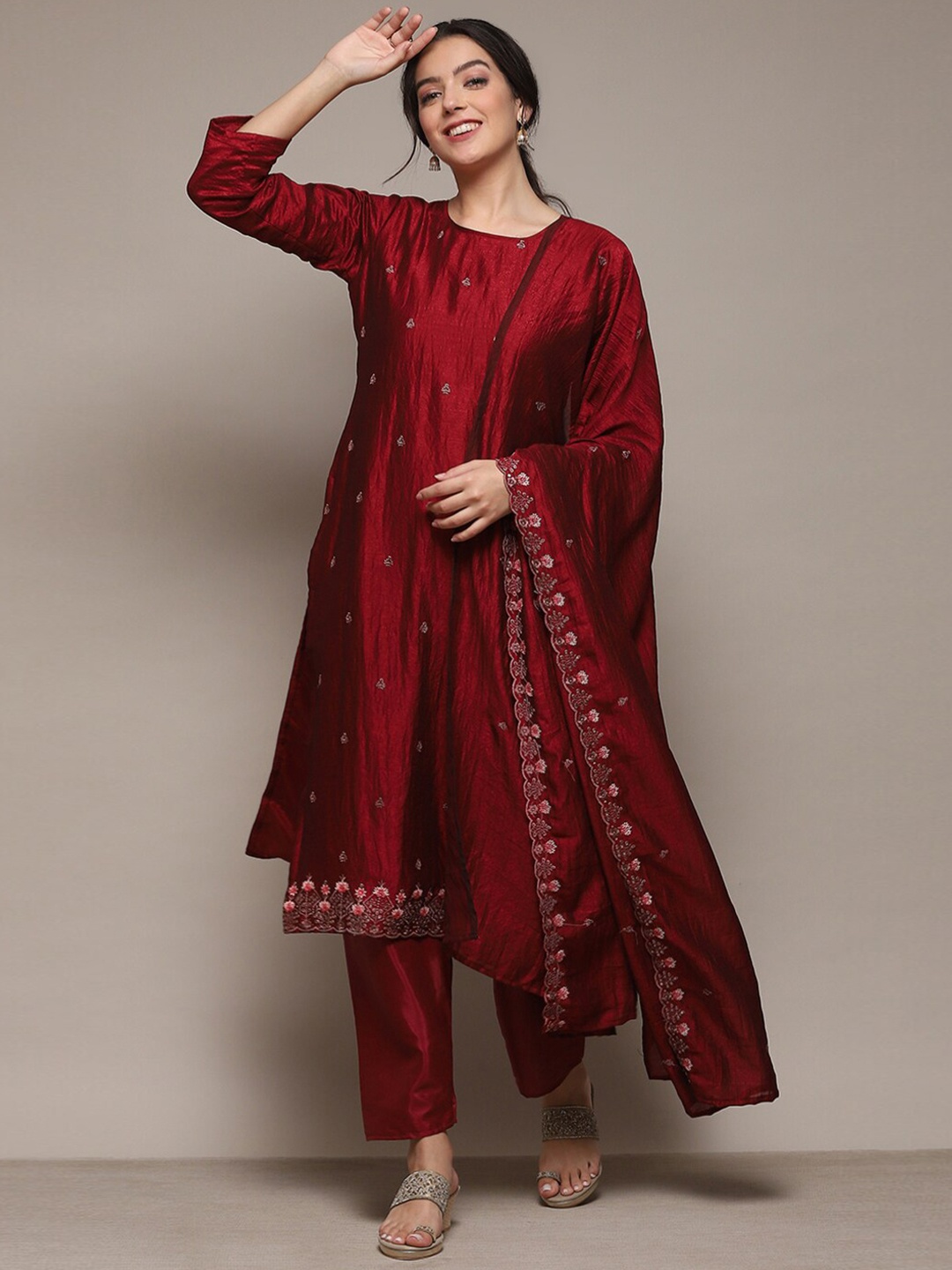 

Biba Ethnic Motif Embroidered Unstitched Dress Material, Maroon