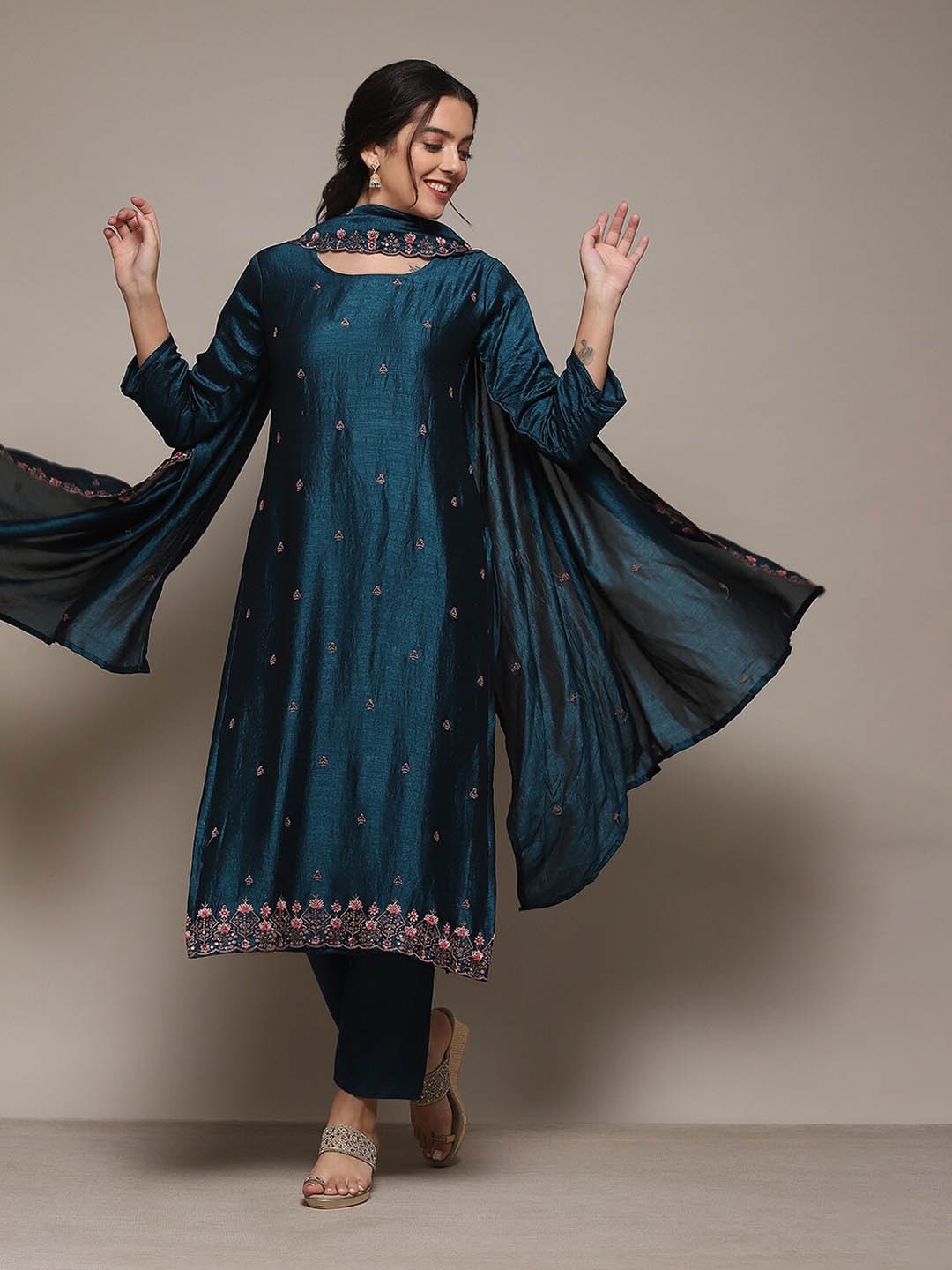 

Biba Floral Embroidered Unstitched Dress Material, Blue