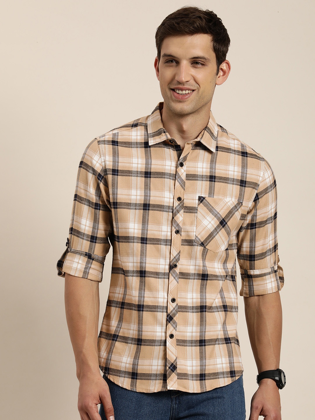 

HERE&NOW Men Slim Fit Checked Casual Shirt, Beige