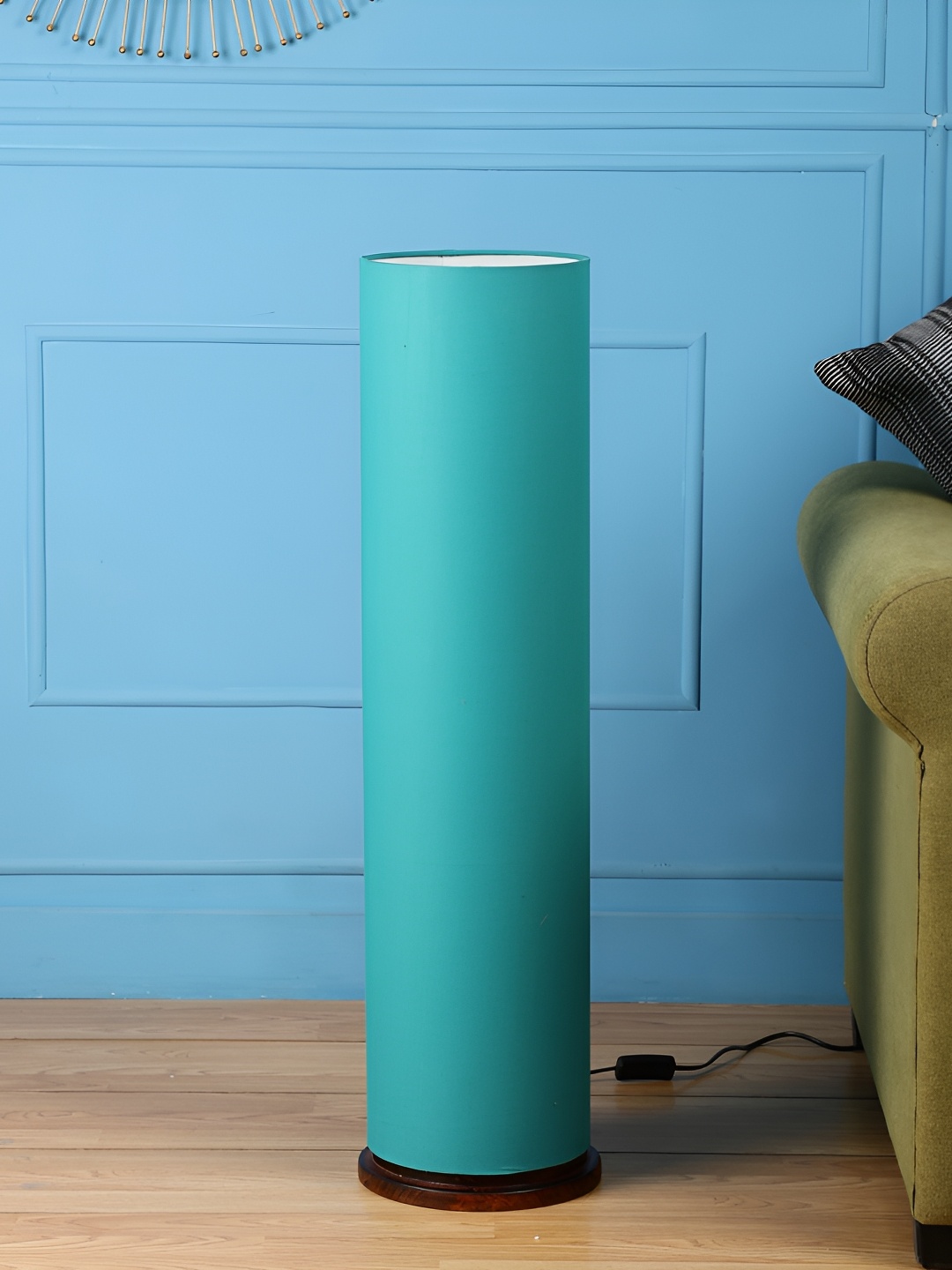 

BTR CRAFTS Teal Cylinderical Floor Lamp With Wooden Base
