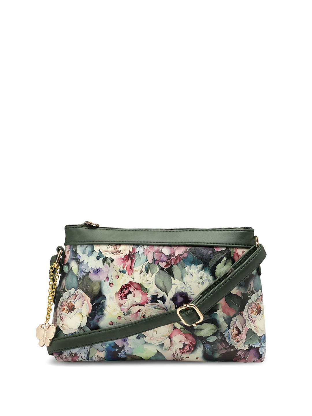 

Butterflies Floral Printed PU Sling Bag With Embellished, Green