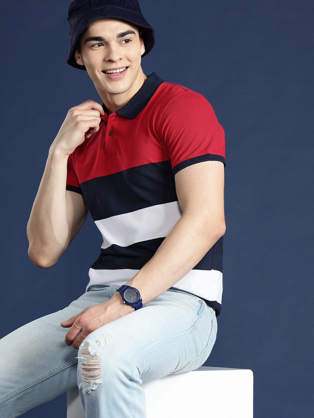 

Mast & Harbour Men Striped Polo Collar T-shirt, Red