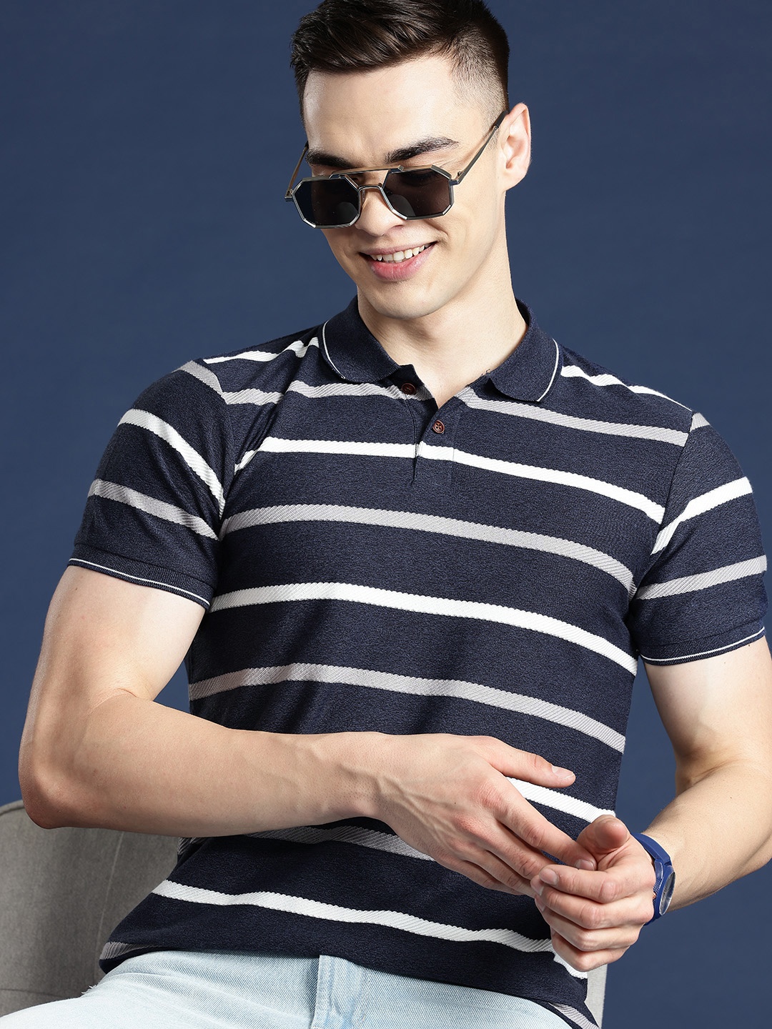 

Mast & Harbour Men Striped Polo Collar T-shirt, Navy blue