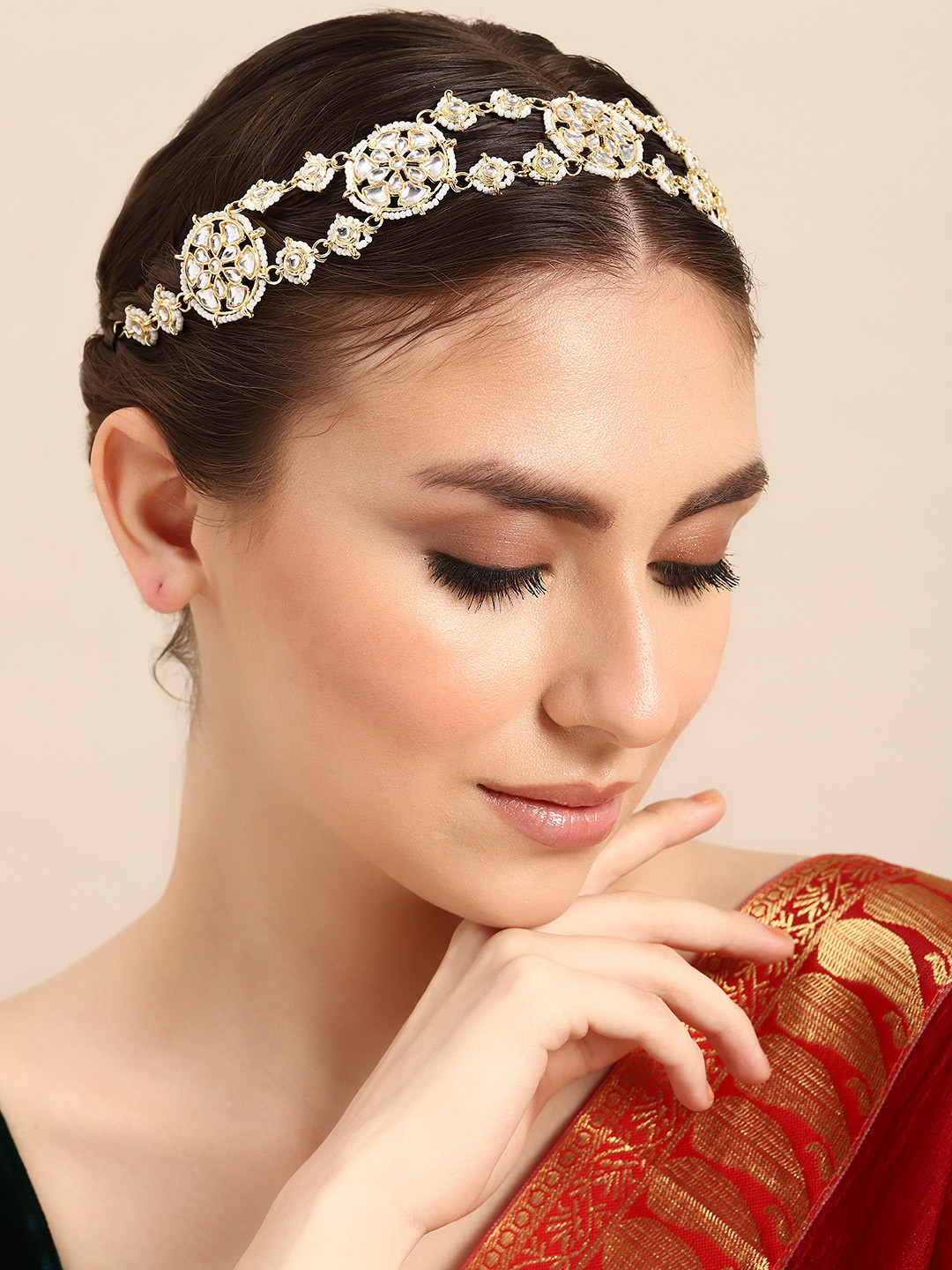 

House of Pataudi Kundan-Studded Beaded Matha Patti, Gold