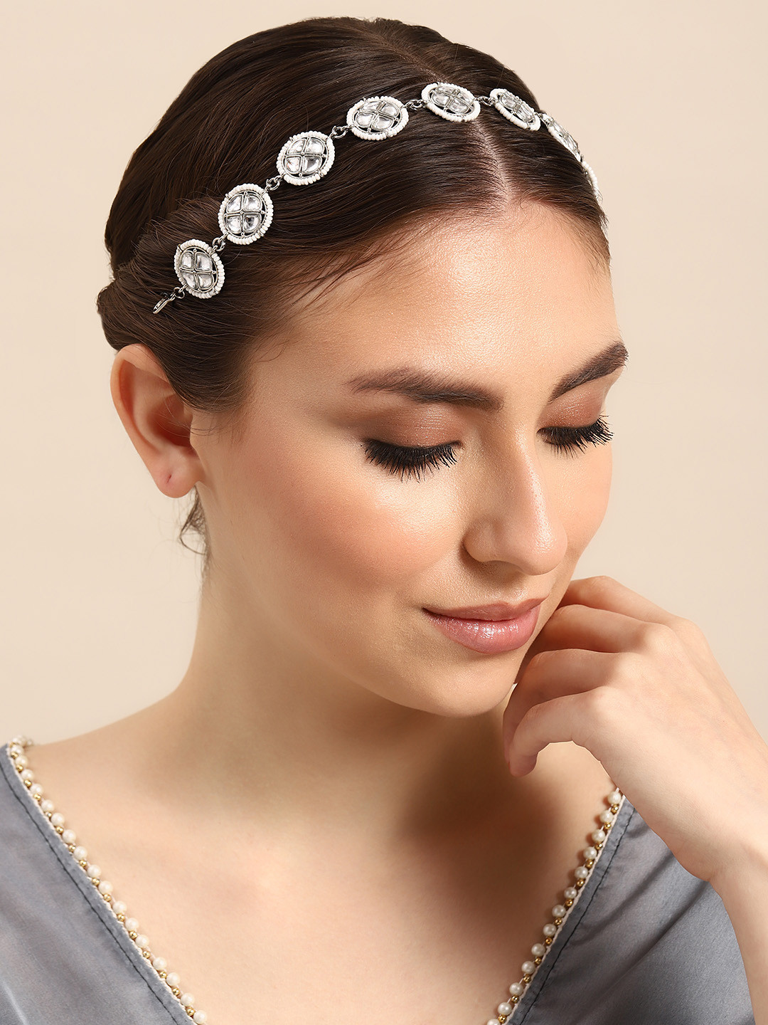 

House of Pataudi Kundan-Studded Beaded Matha Patti, Silver