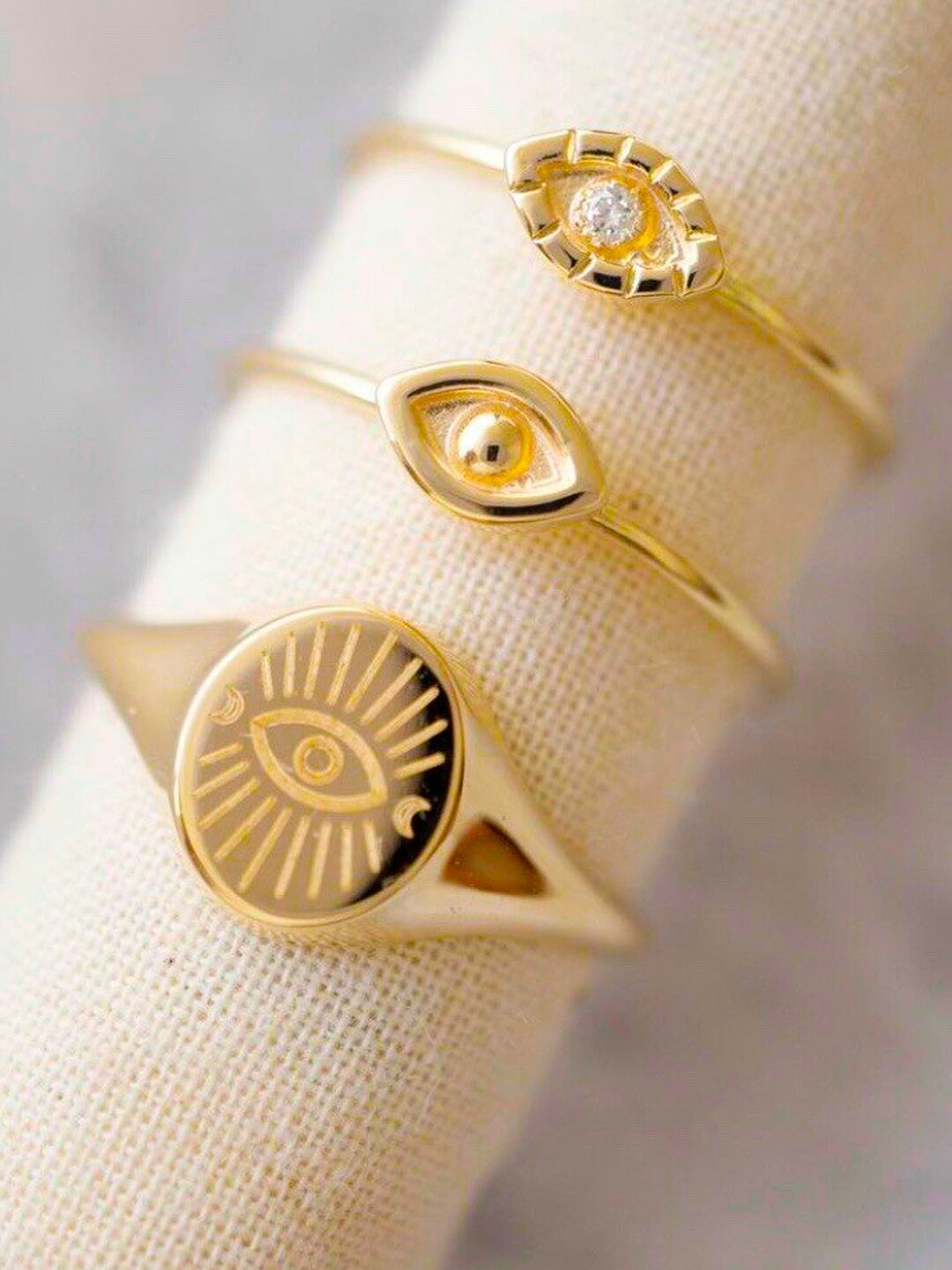 

OOMPH Set Of 3 Evil Eye Stone-Studded Adjustable Finger Ring, Gold