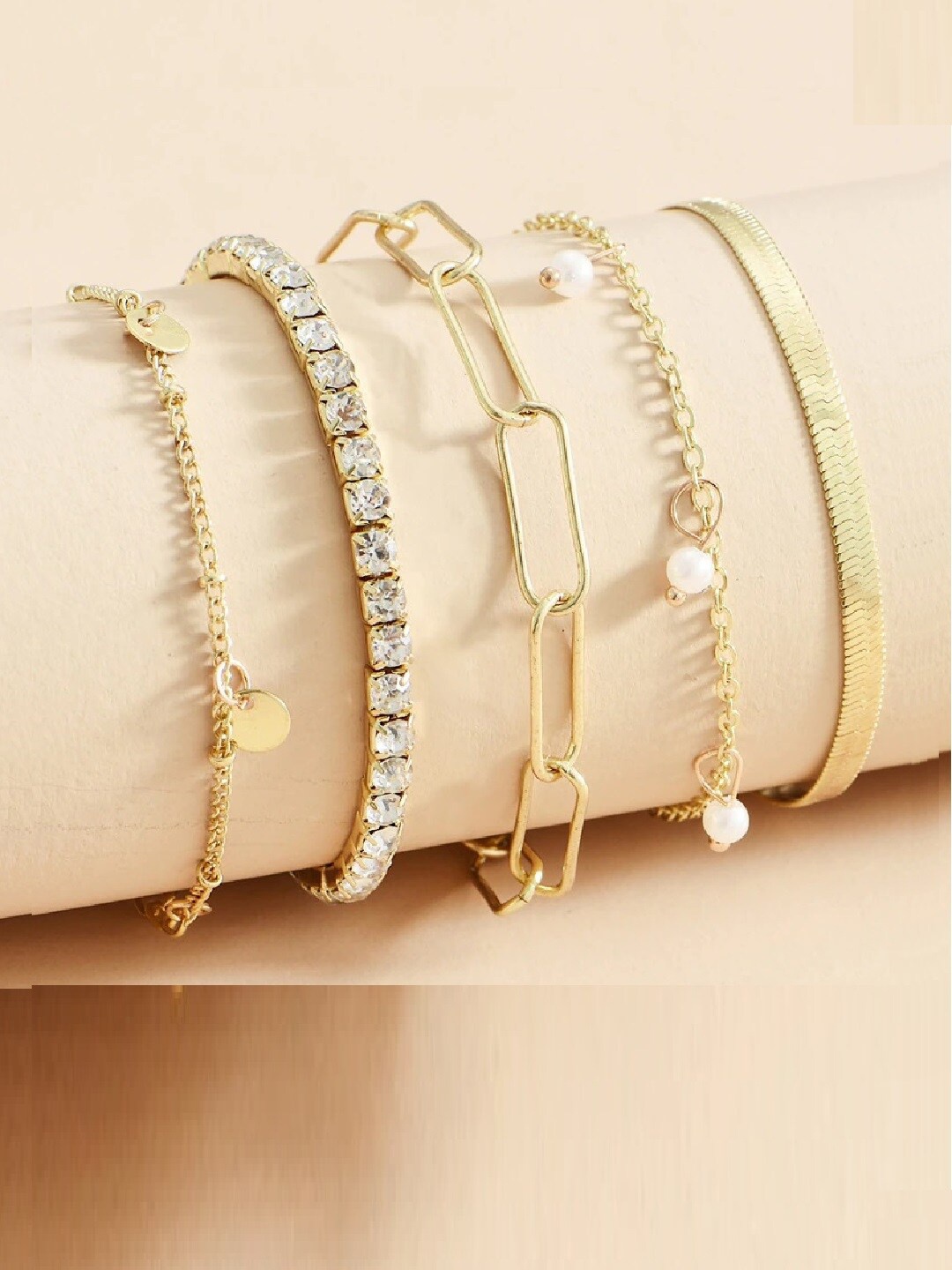 

OOMPH Set Of 5 Crystals Charm Bracelet, Gold