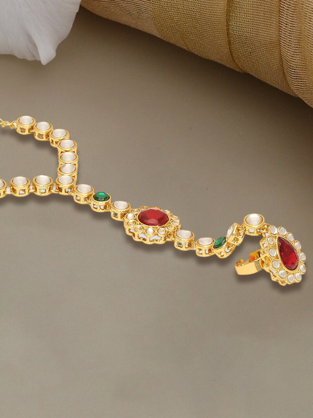 

OOMPH Kundan Studded Wraparound Bracelet With Ring, Gold