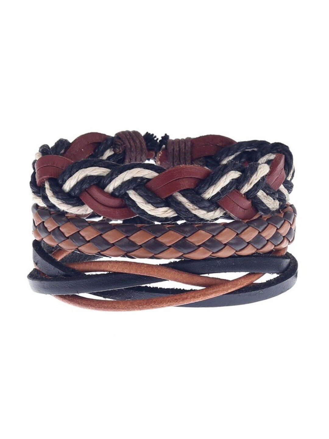 

OOMPH Men Set Of 3 Braided Leather Wraparound Bracelet, Black