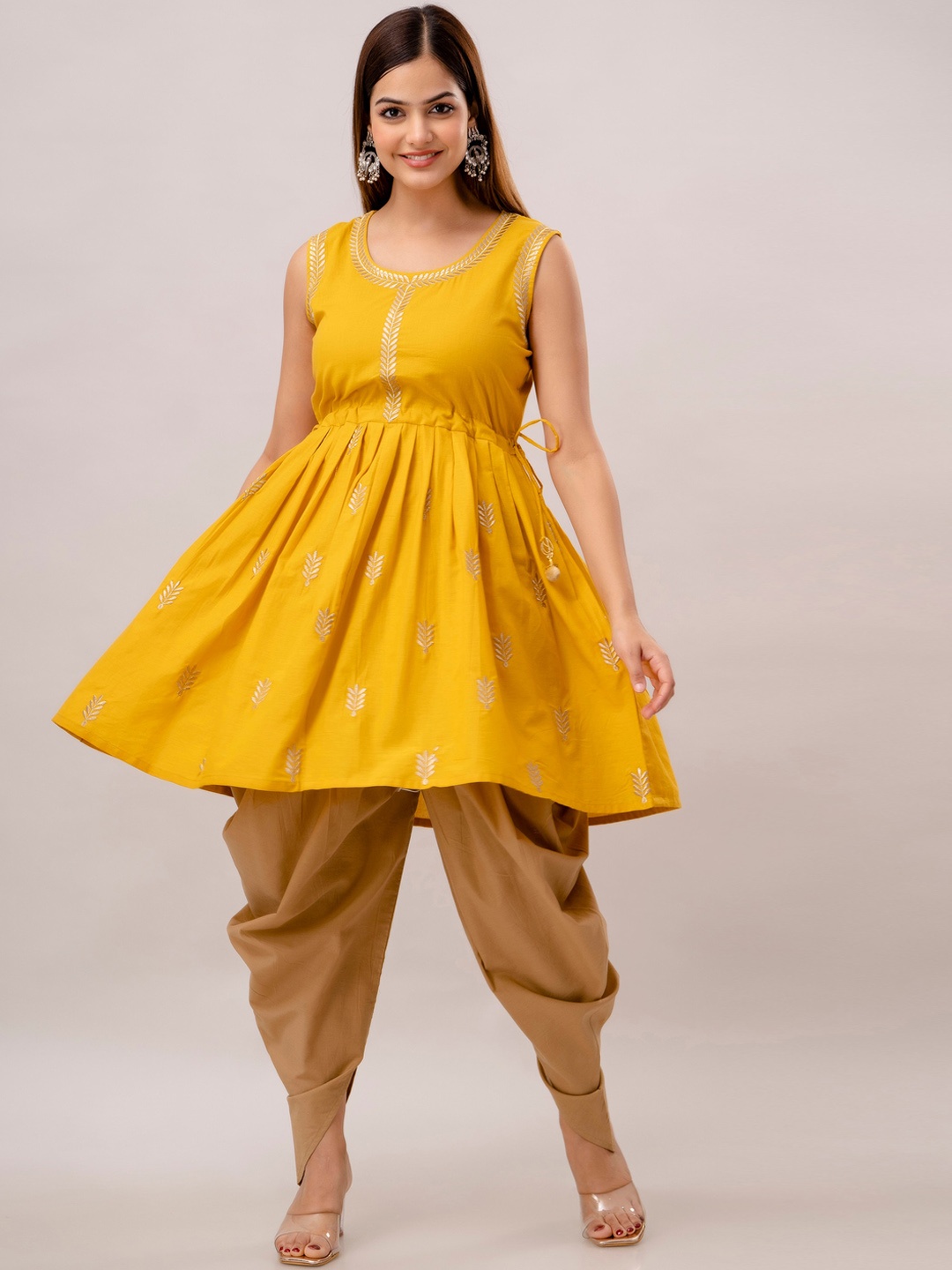 

Anouk Mustard Yellow Ethnic Motifs Embroidered Pure Cotton Kurta With Dhoti Pants