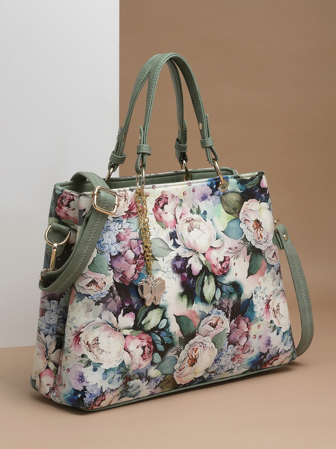 

Butterflies Floral Printed PU Handheld Bag With Embellished, Green