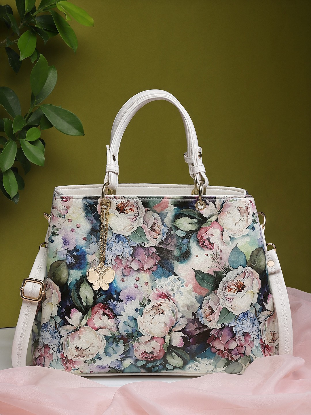 

Butterflies Floral Printed PU Handheld Bag With Embellished, White