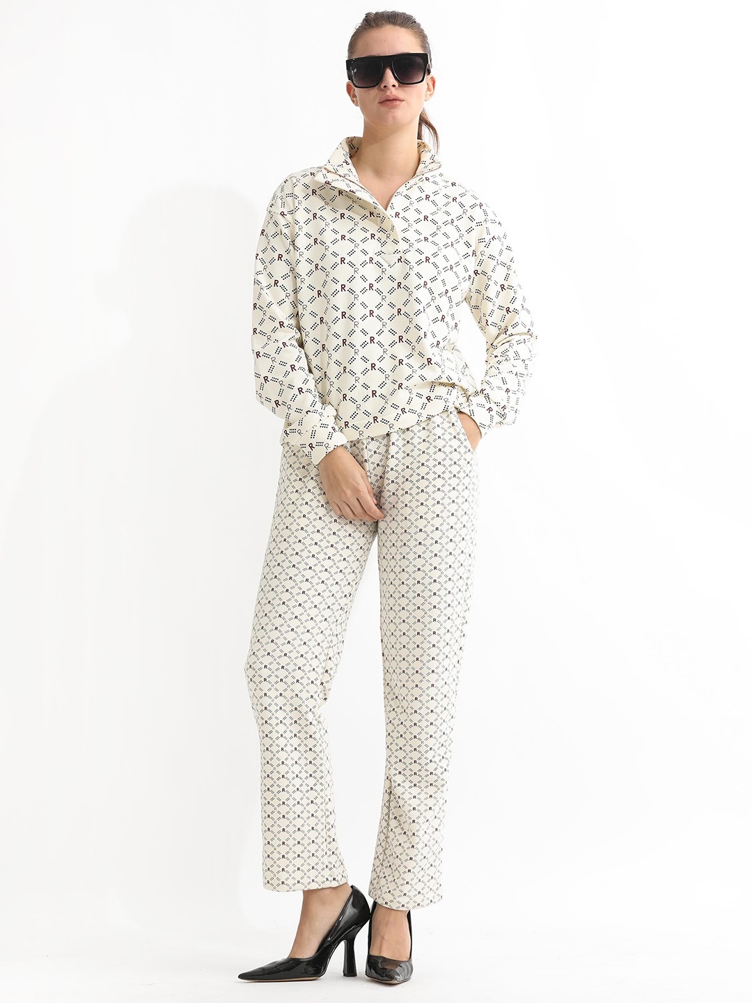 

RAREISM Geometric Printed High-Rise Slim Fit Cotton Trouser, White