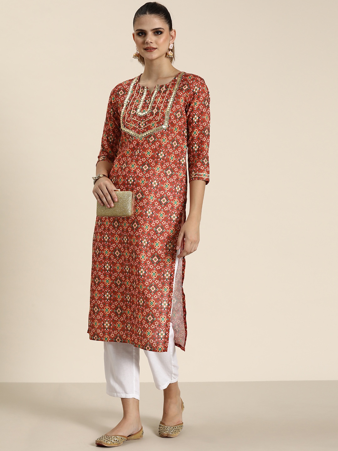 

HERE&NOW Ethnic Motifs Printed Gotta Patti Kurta, Multi