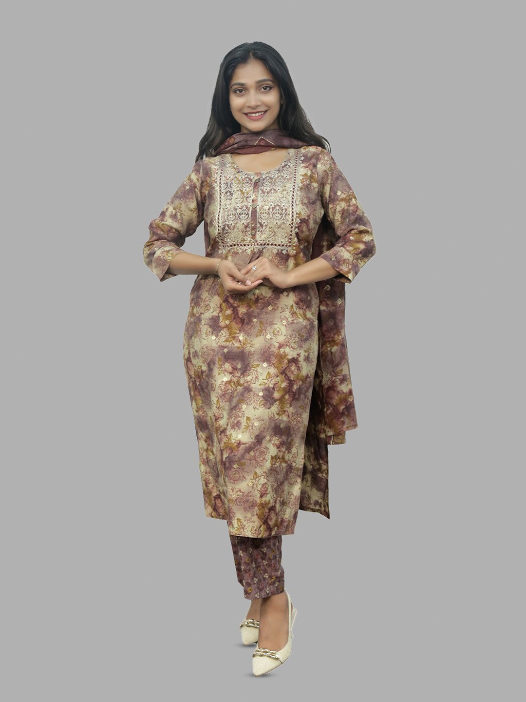 

PUSHKARA Floral Printed Pure Cotton Kurta, Brown