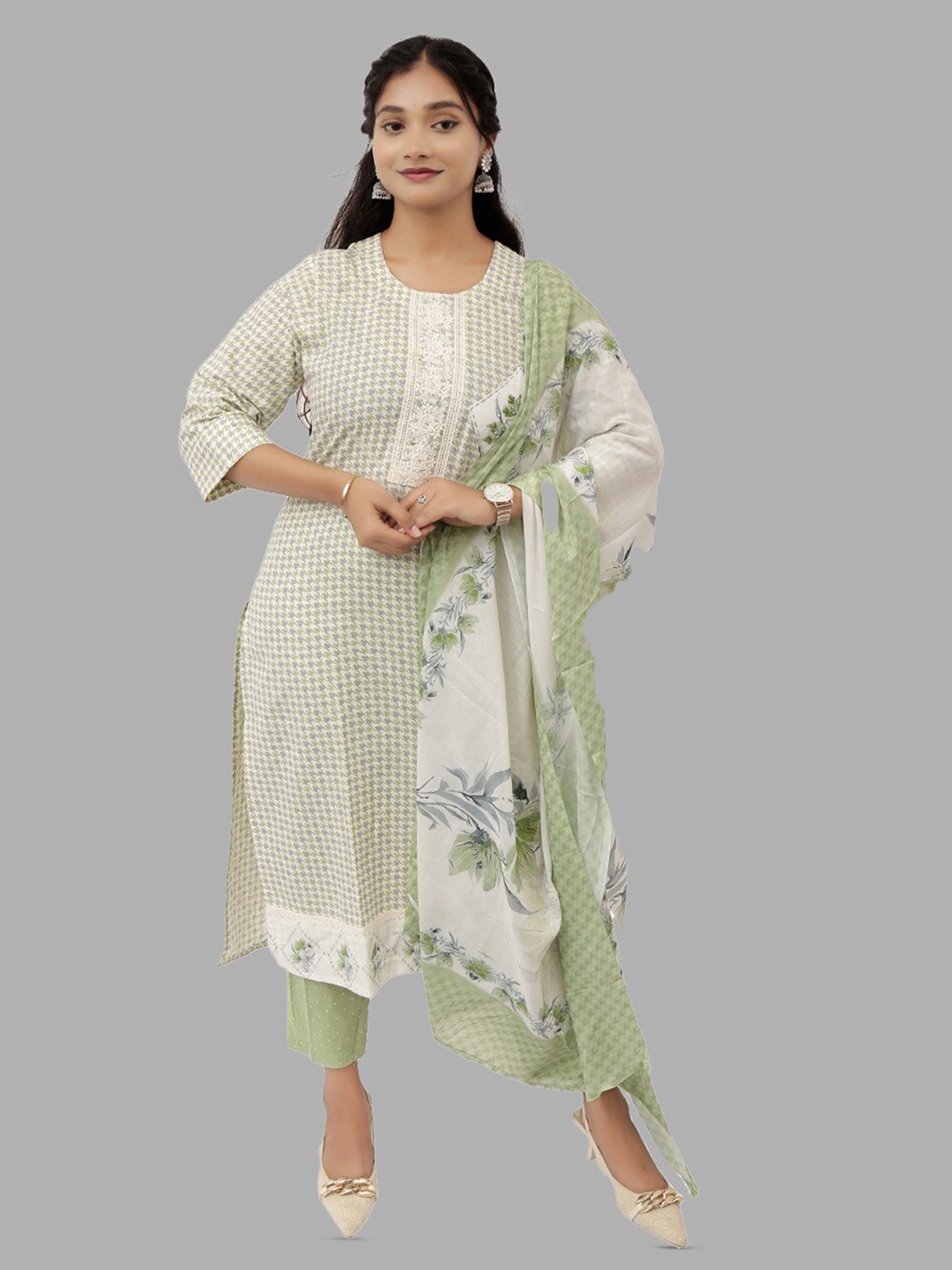 

PUSHKARA Woven-Design Pure Cotton Straight Kurta, Green